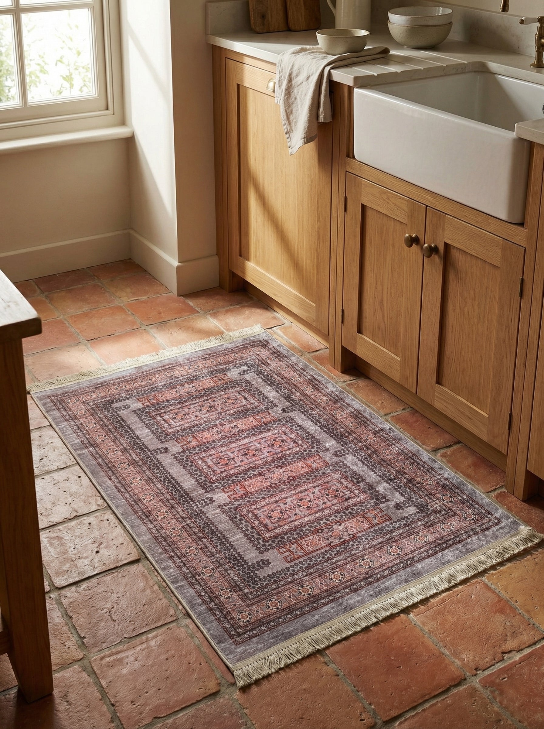 Tapis rectangulaire gris et terracotta avec motifs géométriques complexes et franges, posé sur un sol carrelé en terre cuite dans une cuisine lumineuse