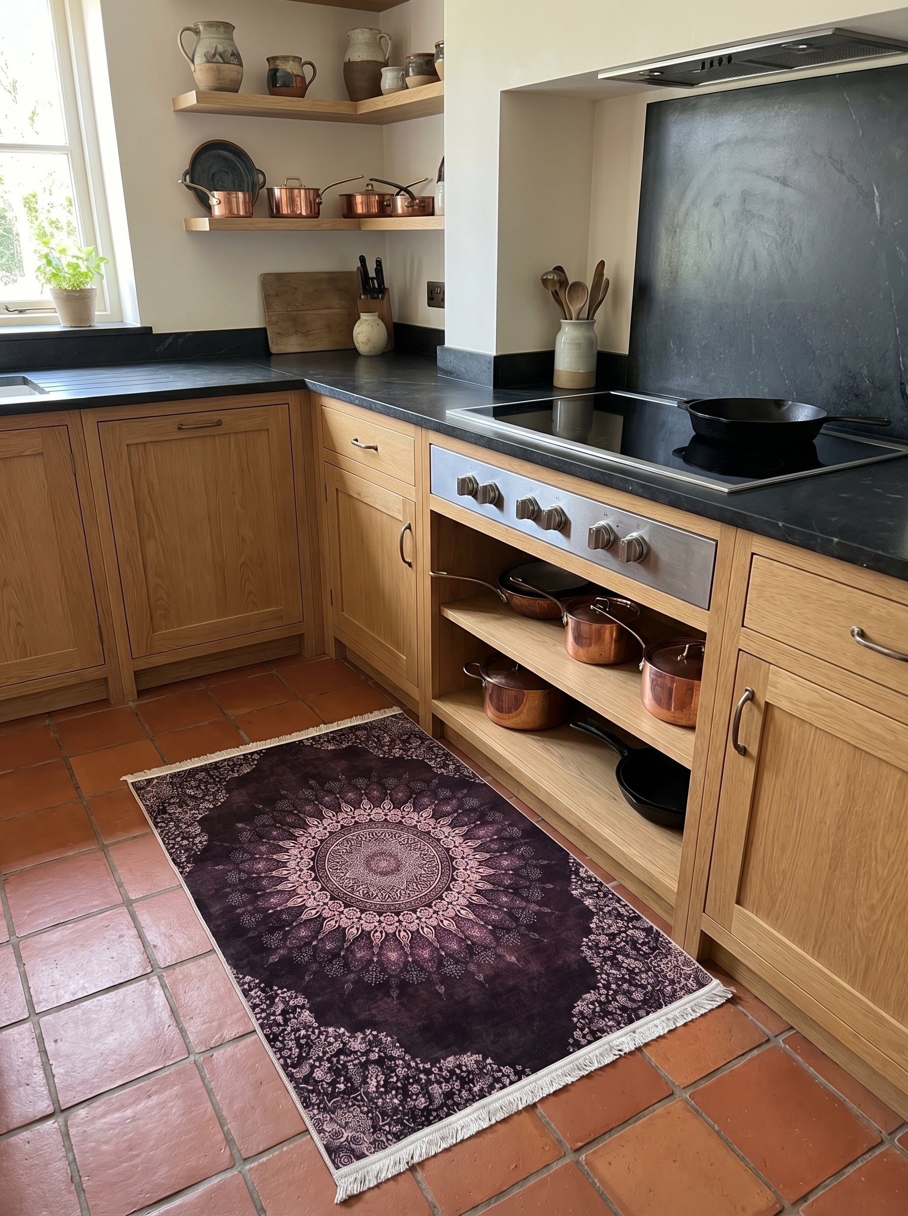 Tapis rectangulaire violet foncé à motifs mandala et floraux roses clairs, avec franges, posé sur un sol carrelé en terre cuite dans une cuisine