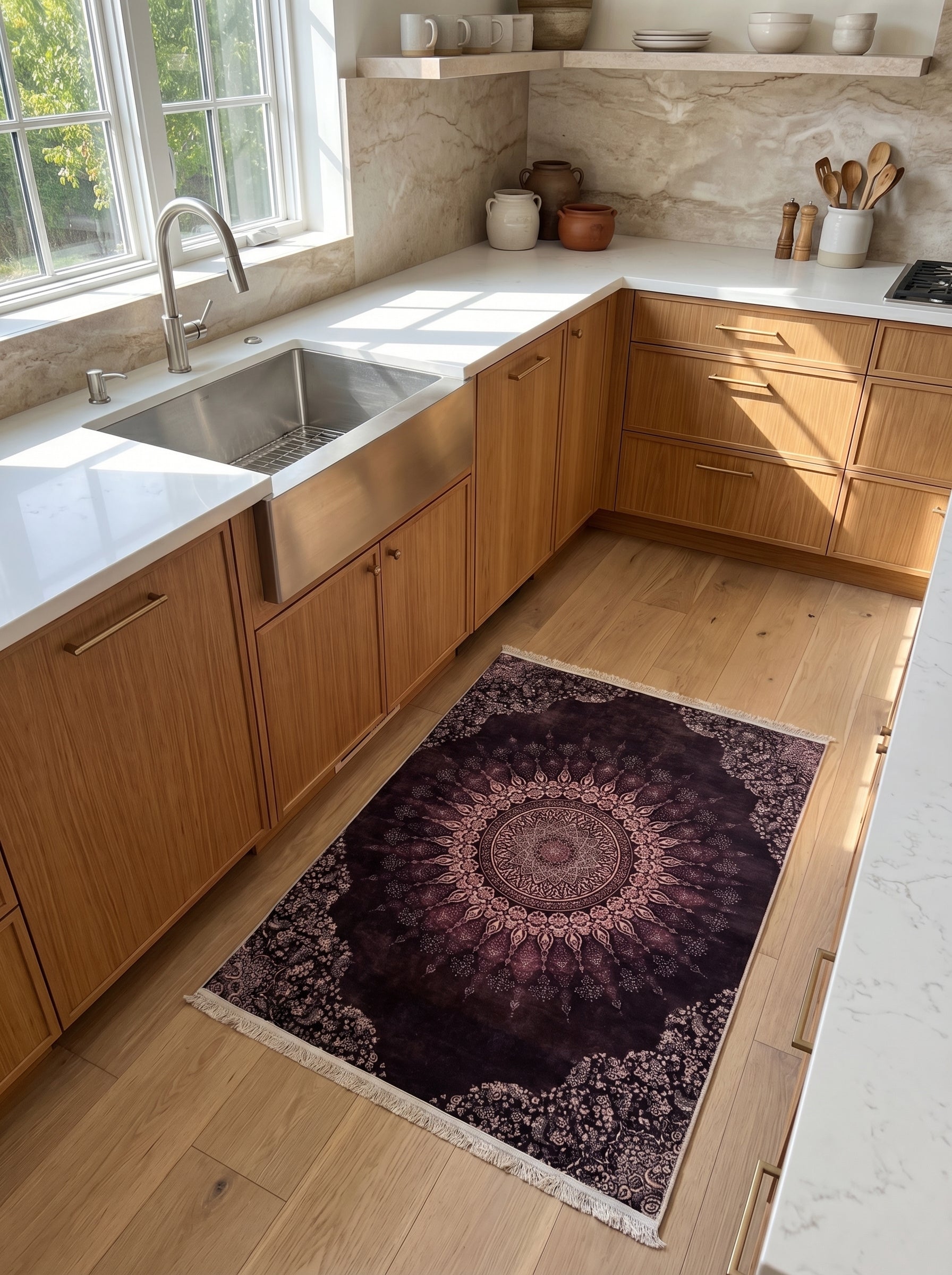 Tapis rectangulaire frangé, violet foncé, avec un motif mandala rose pâle central et des motifs floraux, sur le parquet clair d'une cuisine moderne