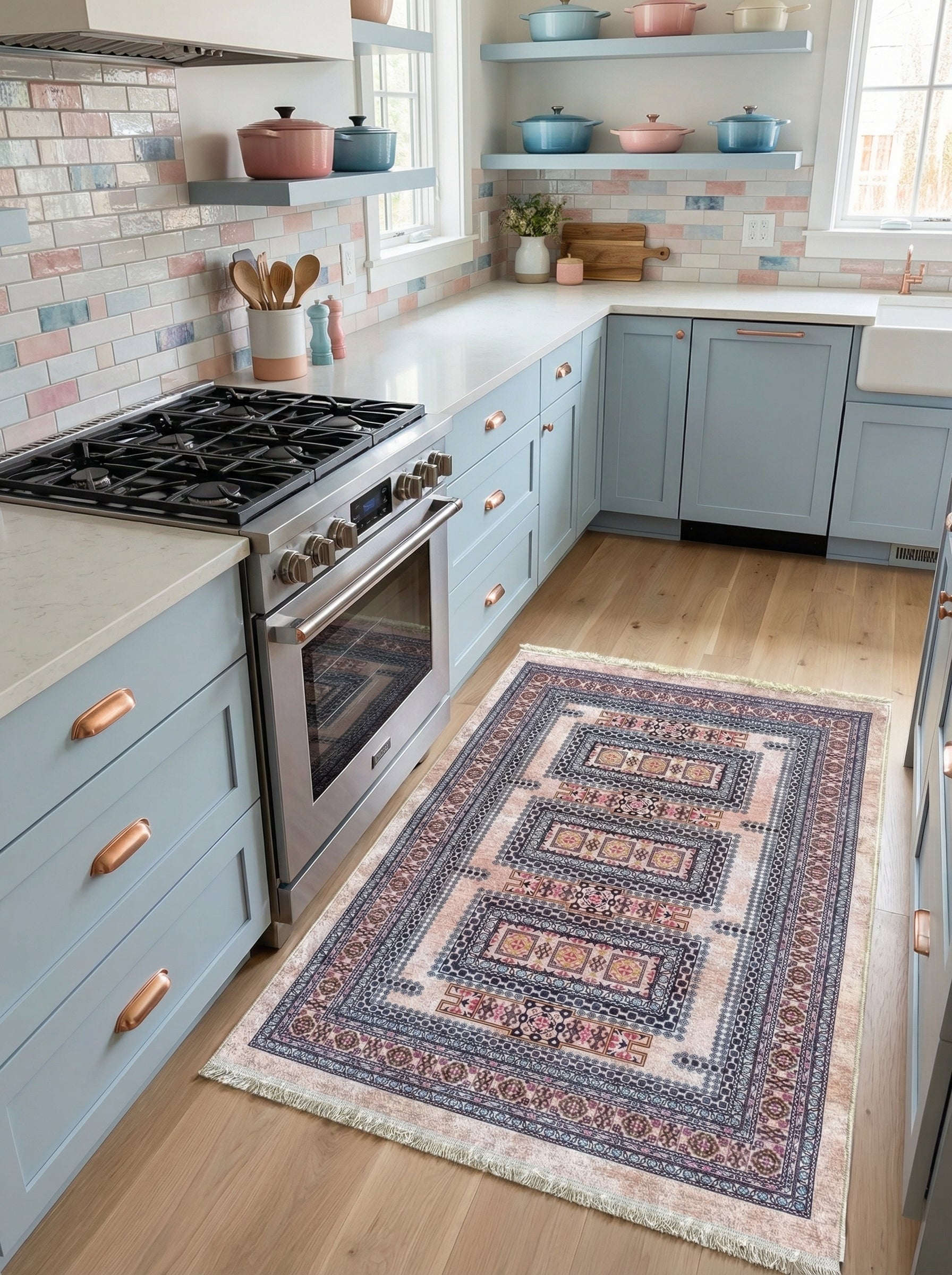 Tapis rectangulaire couleur pêche clair à motifs géométriques bleus et blancs, avec franges, sur un parquet en bois dans une cuisine