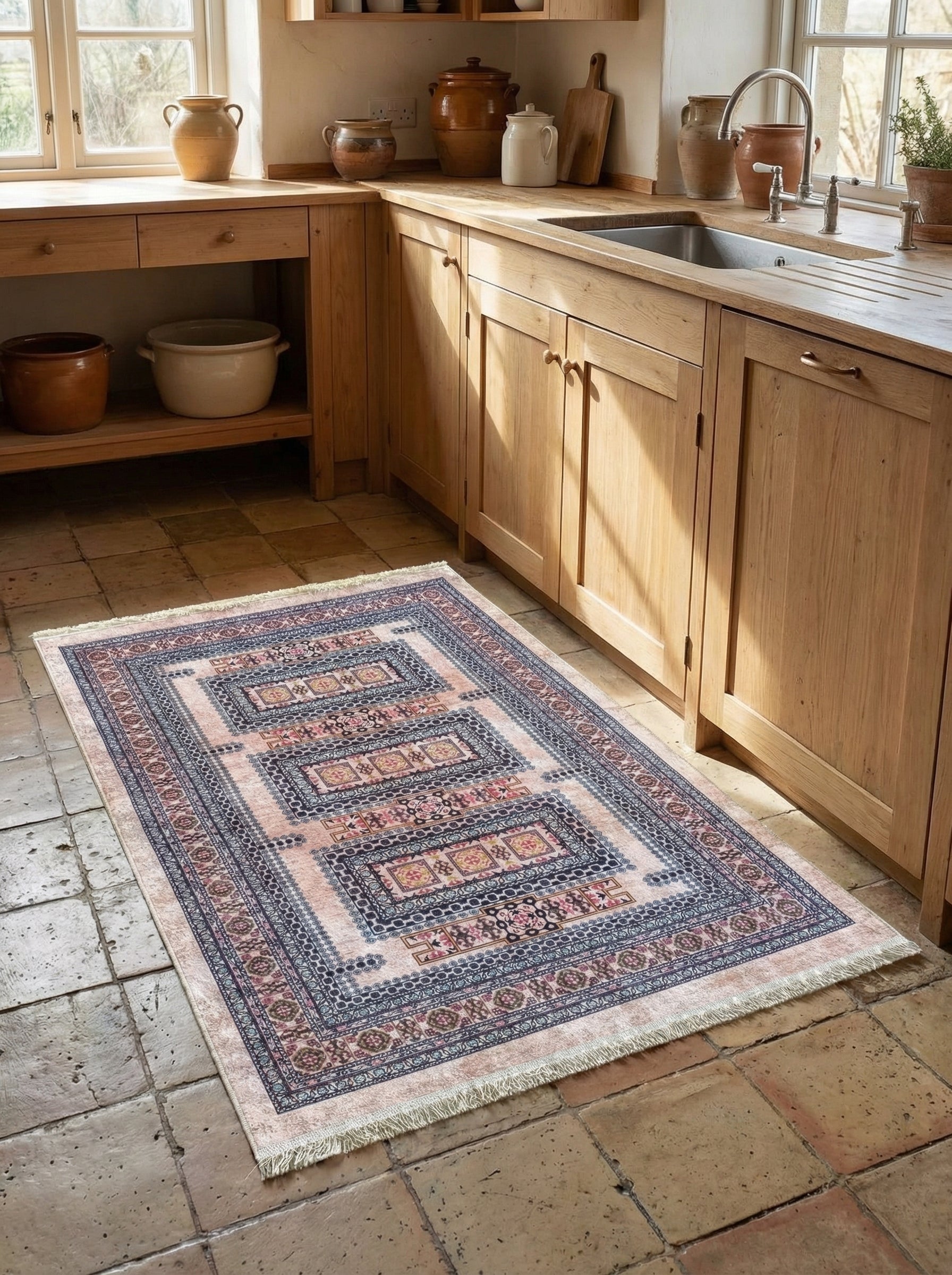 Tapis rectangulaire à motifs géométriques traditionnels roses, bleus et bordeaux, avec franges, sur sol en tomettes d'une cuisine rustique