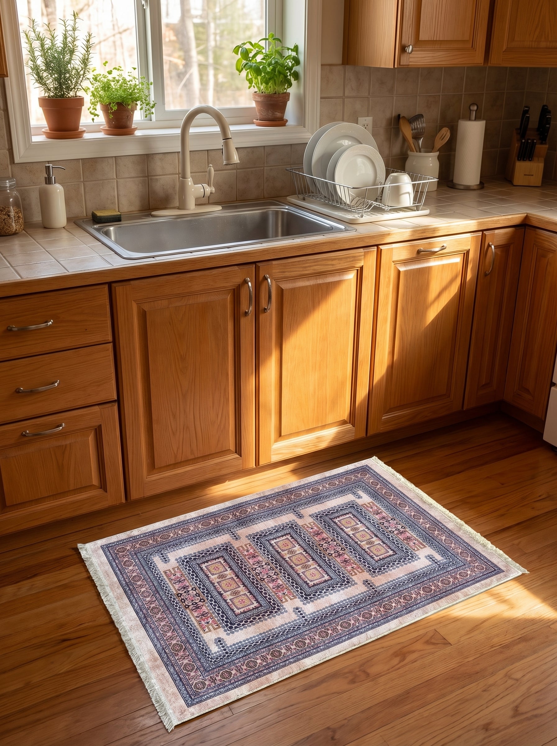 Tapis rectangulaire à motifs géométriques traditionnels roses, bleus et beiges, avec franges, sur un parquet de cuisine