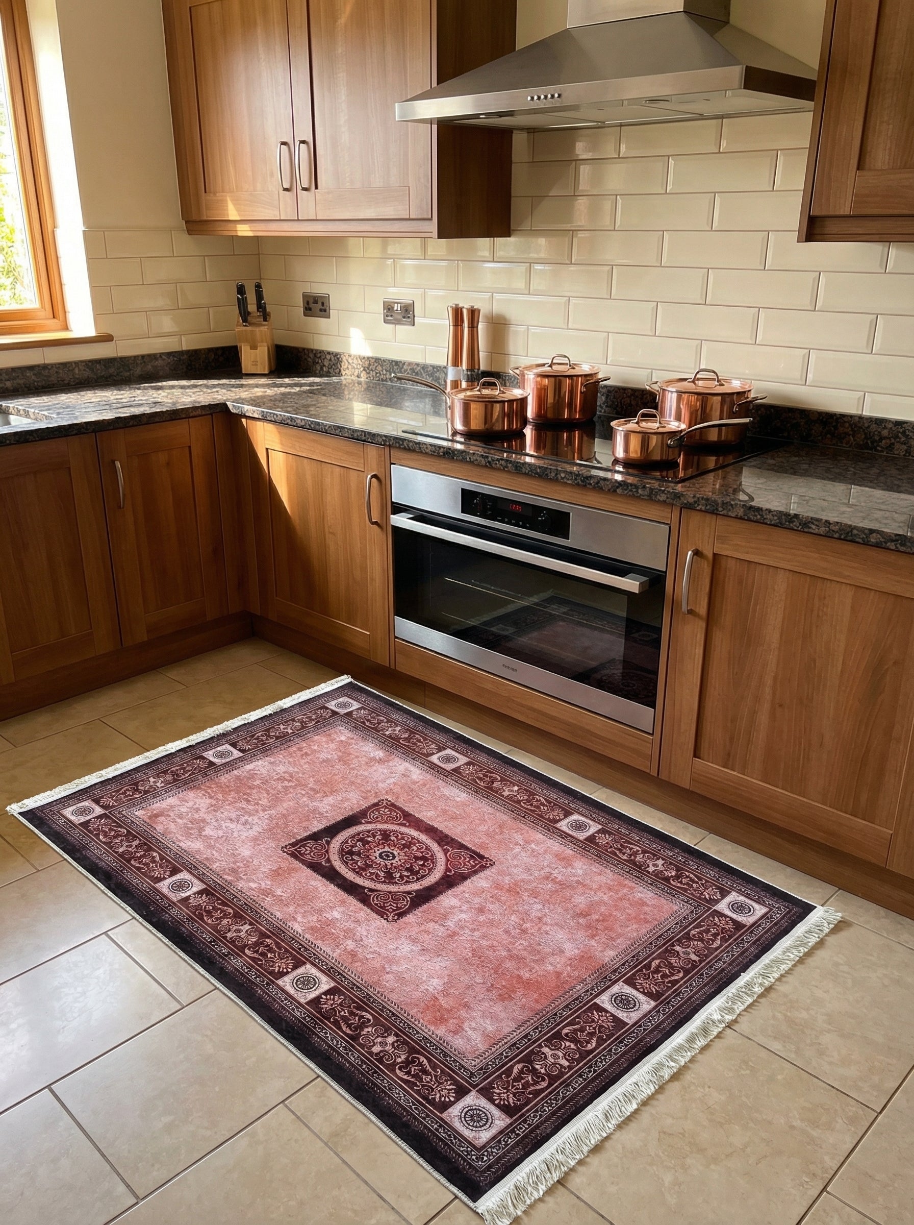Tapis rectangulaire rose pâle usé avec un médaillon central et une bordure de motifs floraux bordeaux, dans une cuisine
