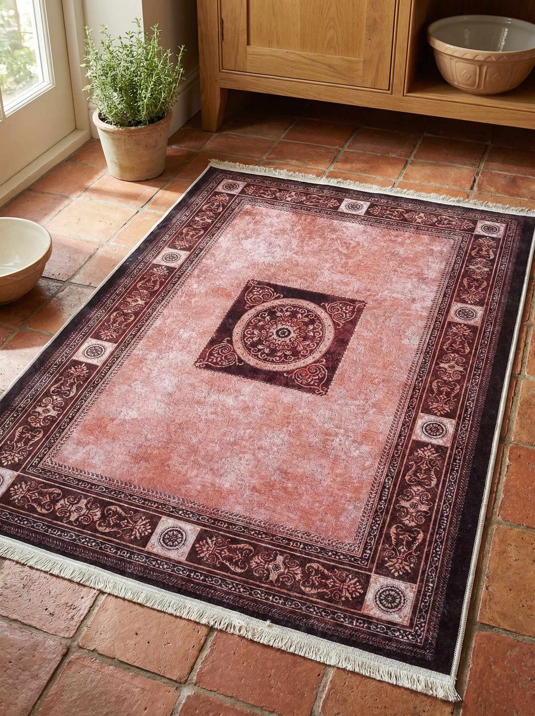 Tapis rectangulaire couleur vieux rose délavé avec un motif central et une large bordure ornés de volutes marron foncé sur un sol en tomettes dans une entrée lumineuse
