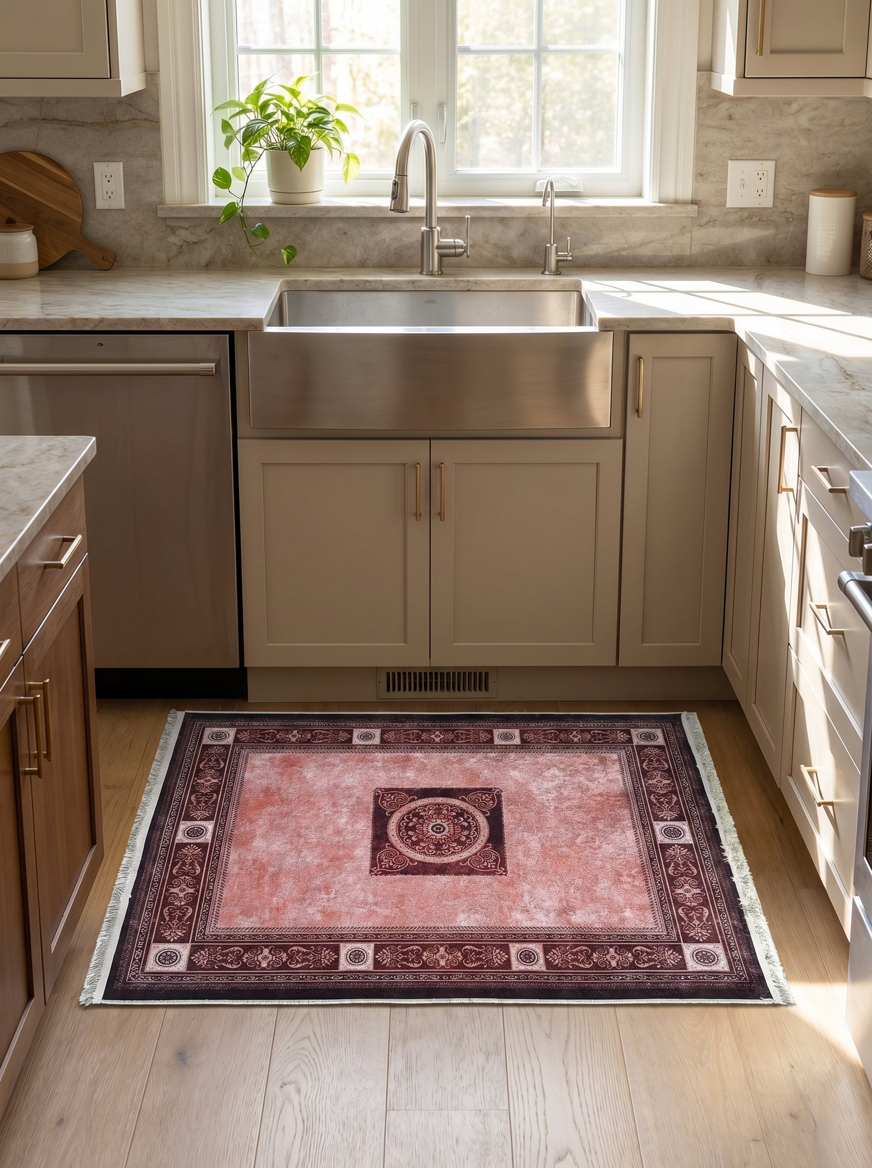 Tapis rectangulaire rose délavé à motifs bordeaux élaborés, avec une bordure et un médaillon central, posé sur le sol en bois d'une cuisine lumineuse