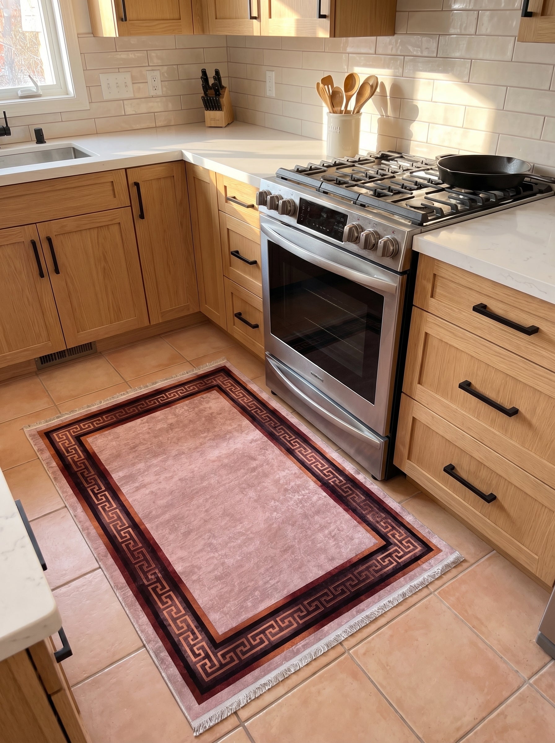 Tapis rectangulaire rose texturé avec une bordure à motif grec marron et orange, sur le carrelage d'une cuisine moderne