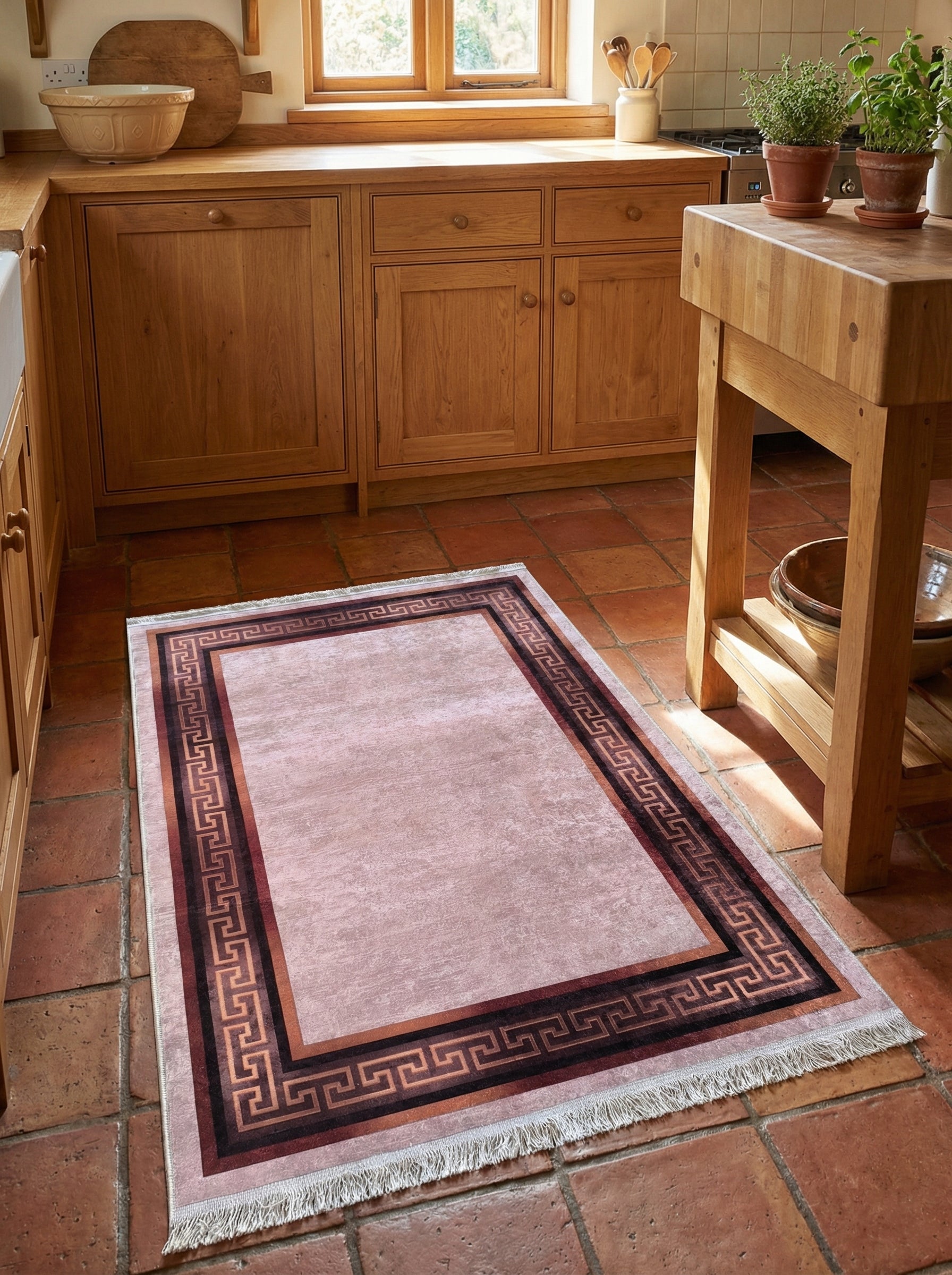 Tapis rectangulaire rose pâle texturé avec franges, bordé de marron, bordeaux et d'une frise géométrique cuivrée, dans une cuisine rustique au sol en tomettes