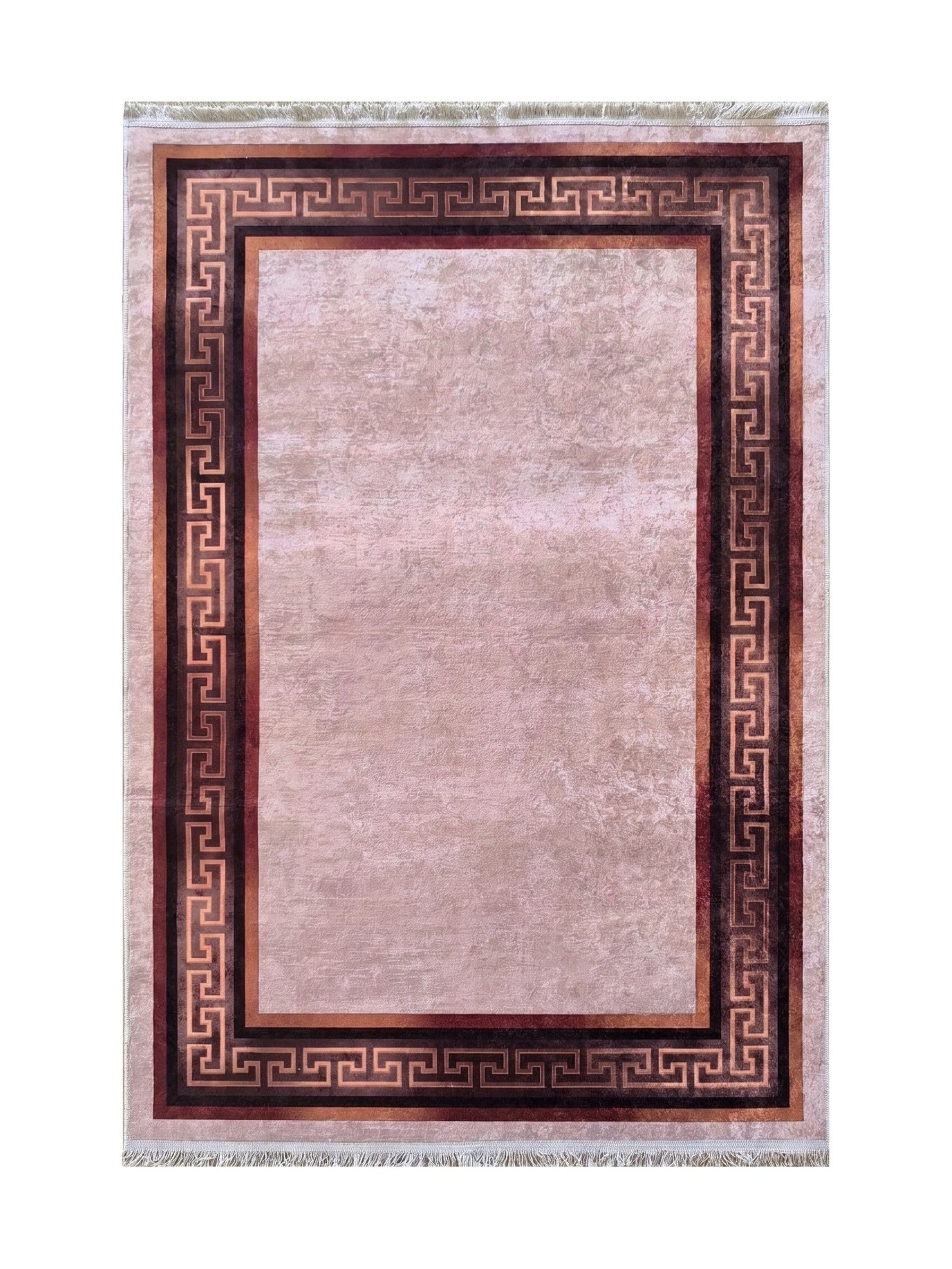Tapis rectangulaire beige rosé texturé avec une large bordure à motif géométrique grec marron foncé et cuivre, orné de franges