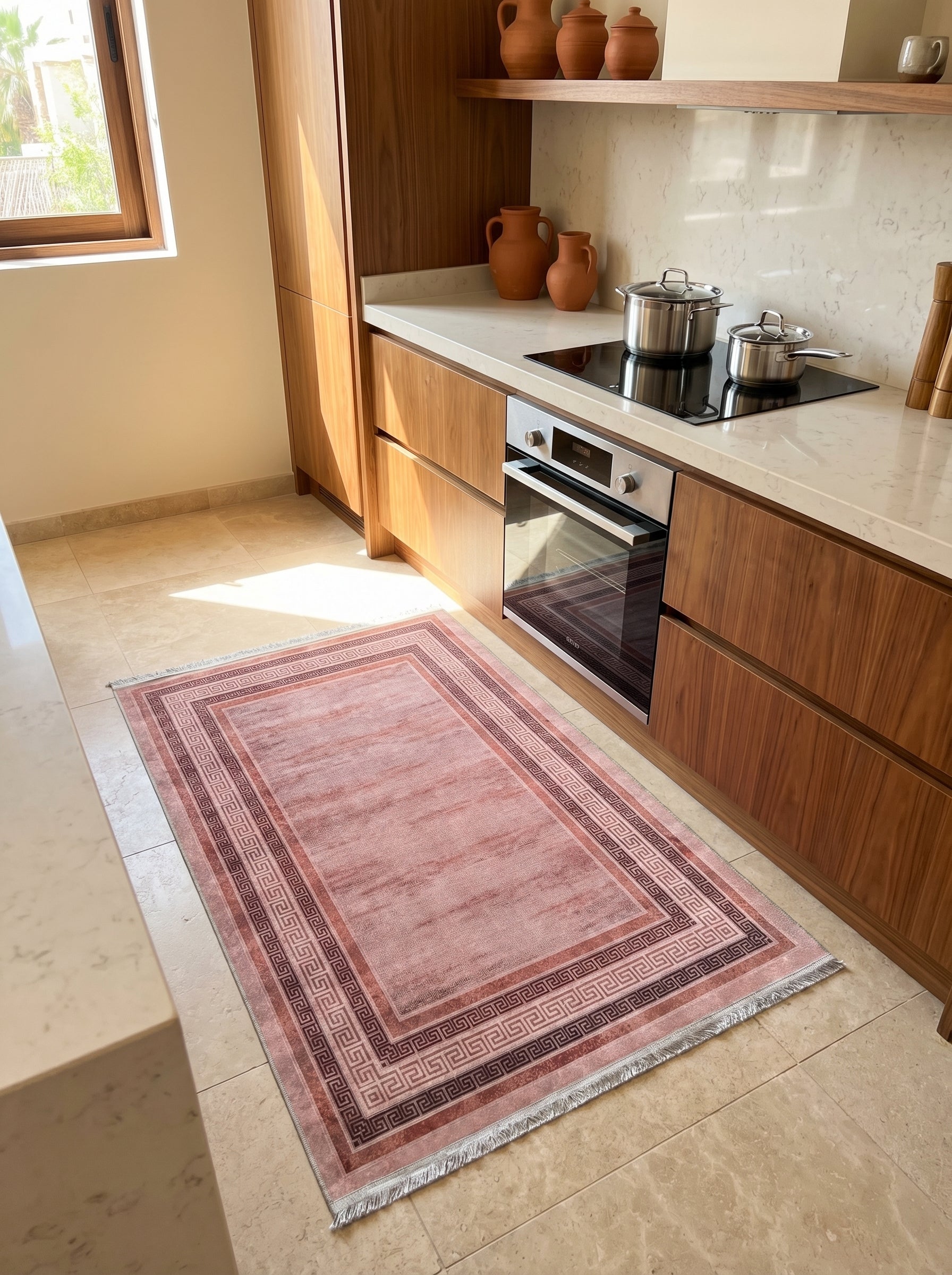 Tapis rectangulaire rose poudré et marron, orné d'une frise grecque géométrique, sur le carrelage clair d'une cuisine ensoleillée