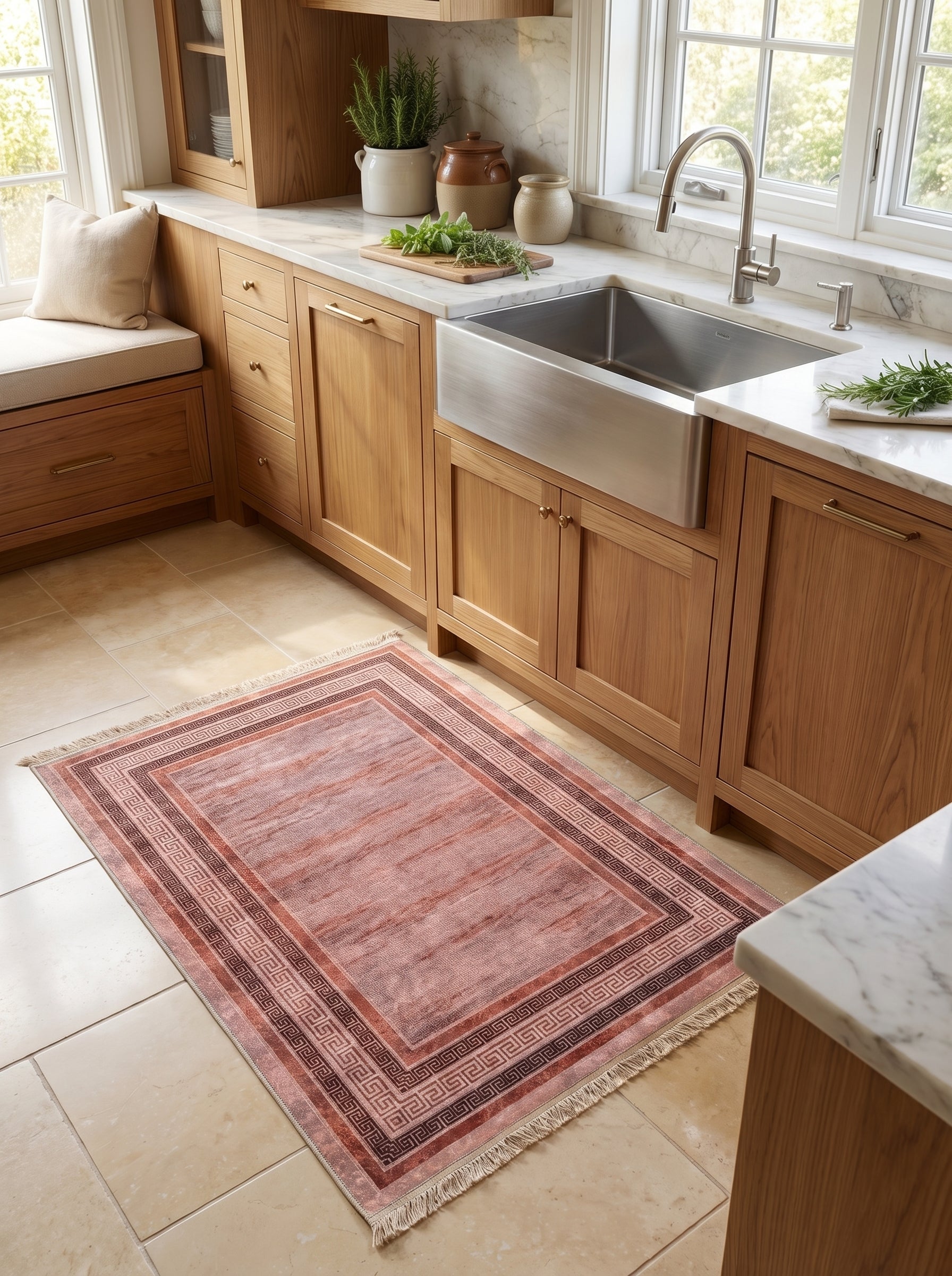 Tapis rectangulaire rose fané avec bordure à motifs grecs méandre sombres et franges claires, posé sur un sol carrelé dans une cuisine