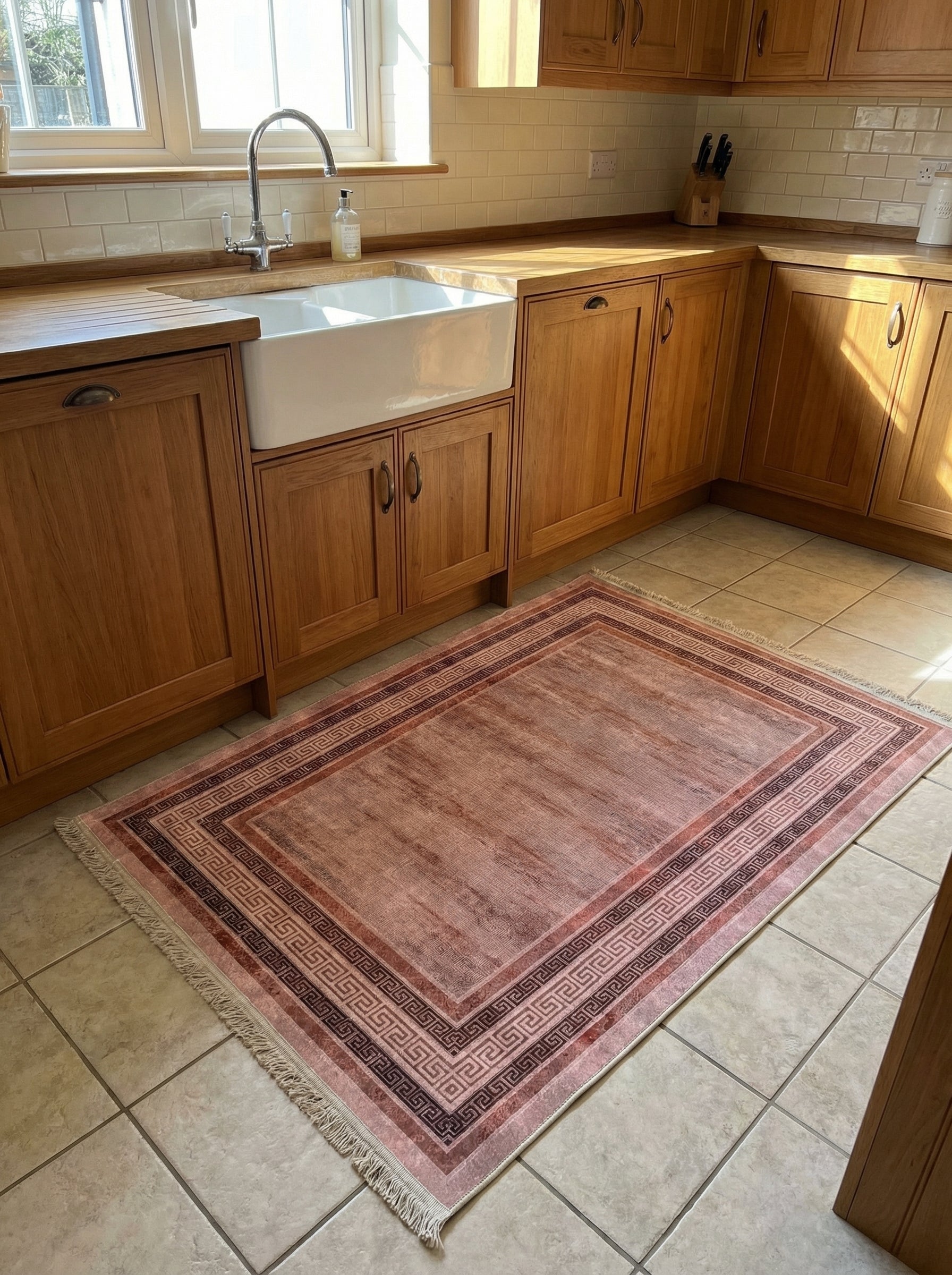 Tapis rectangulaire rose délavé aux motifs de méandre marron-rouge et franges, sur le carrelage d'une cuisine