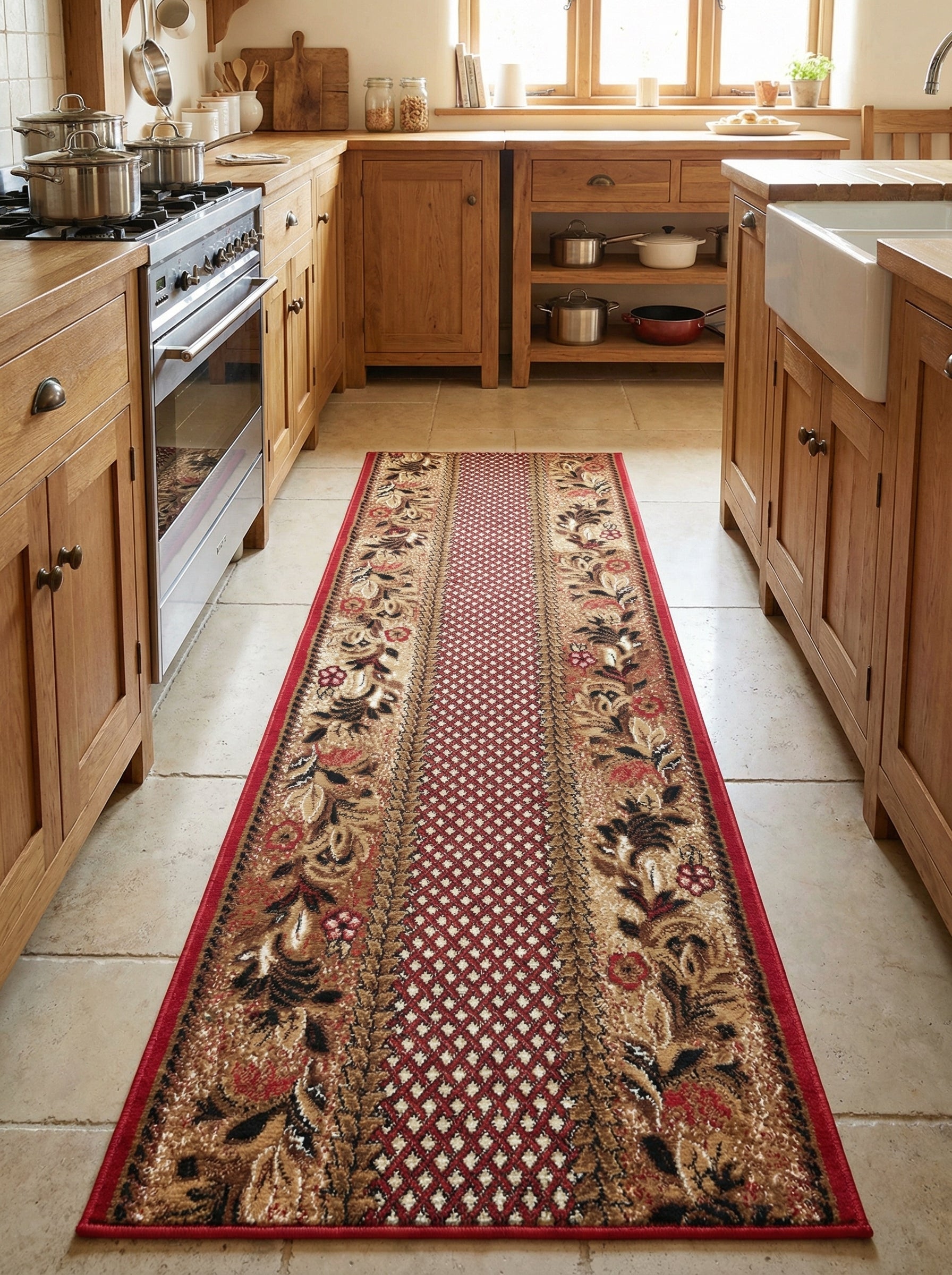 Tapis de couloir rouge, beige et noir à motifs floraux et géométriques, posé sur le carrelage d'une cuisine rustique