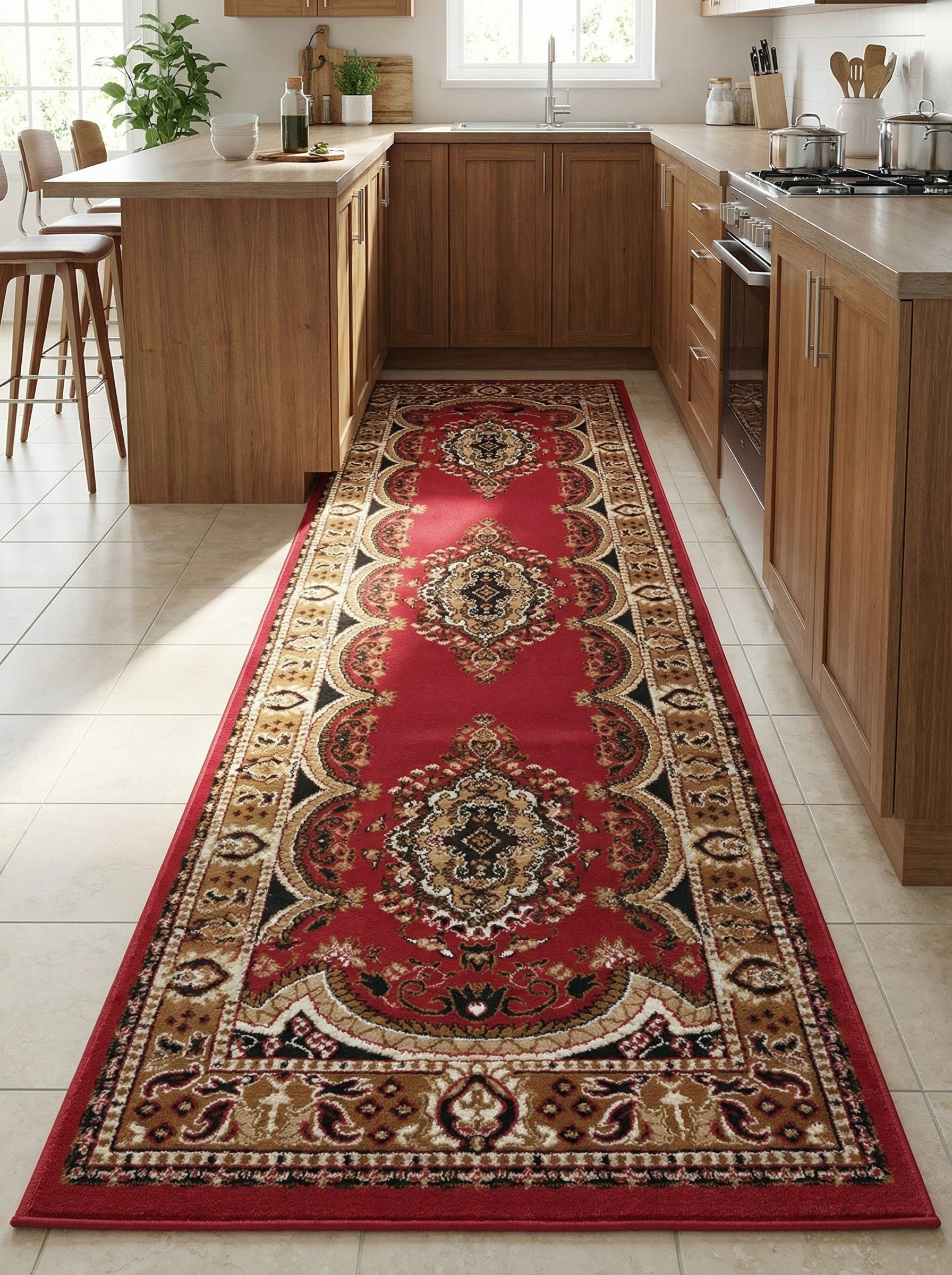 Tapis chemin rouge à motifs orientaux crème, noir et doré, posé sur un sol carrelé dans une cuisine moderne