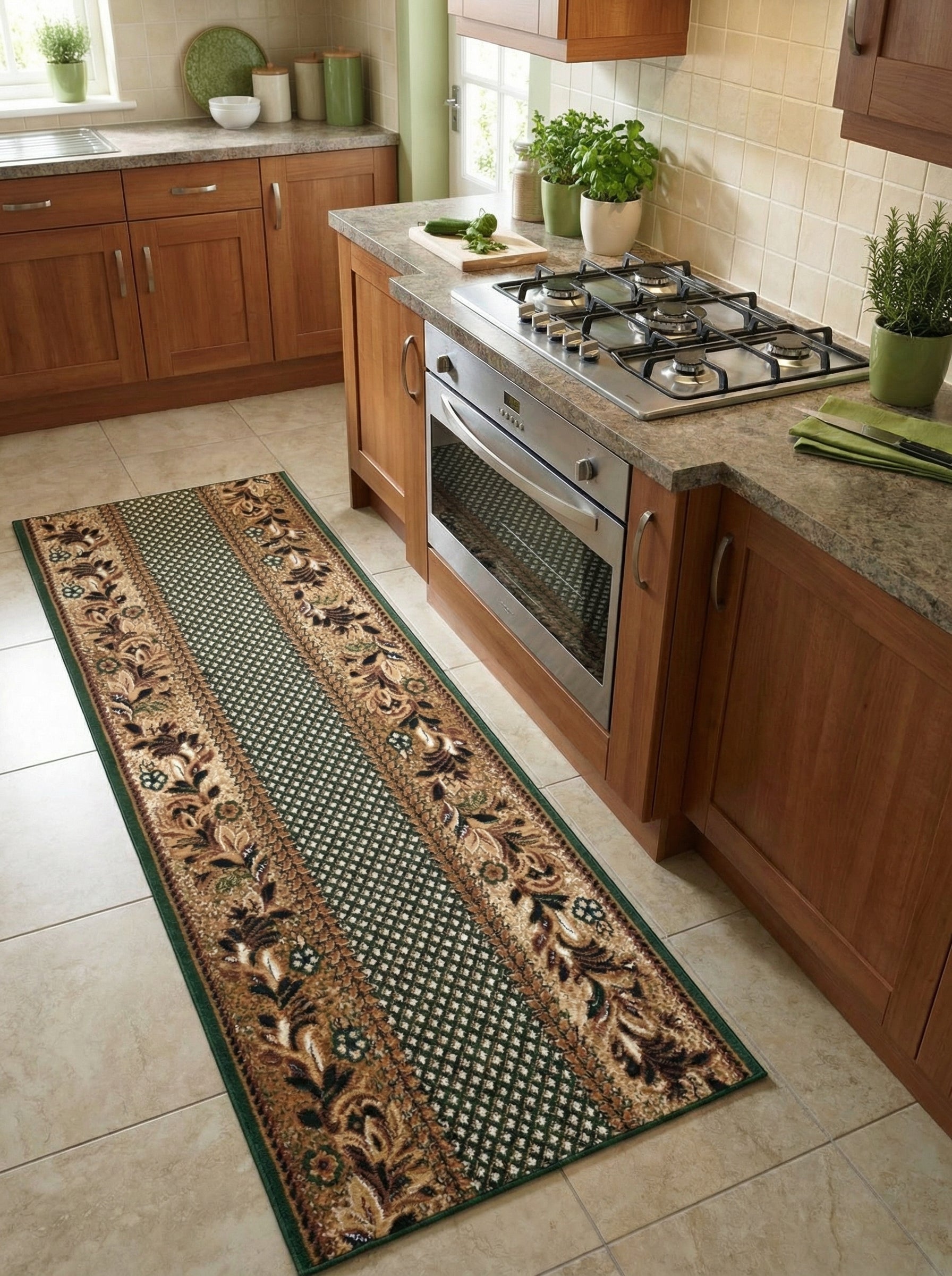 Long tapis vert foncé à motifs floraux et géométriques beiges et marron, posé sur le carrelage d'une cuisine