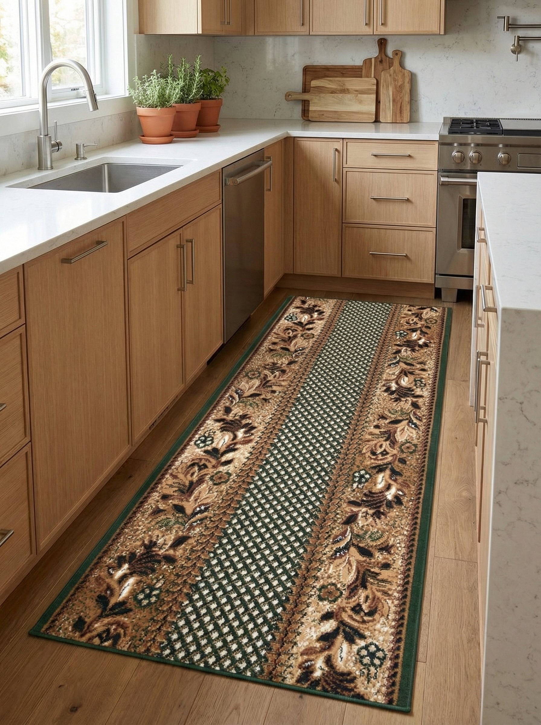 Tapis de couloir vert et beige aux motifs floraux et bande centrale à petits carreaux, posé sur le parquet d'une cuisine