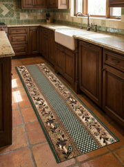 Tapis coureur vert et beige avec un motif floral marron sur les bords et un quadrillage central, sur un sol en terre cuite de cuisine
