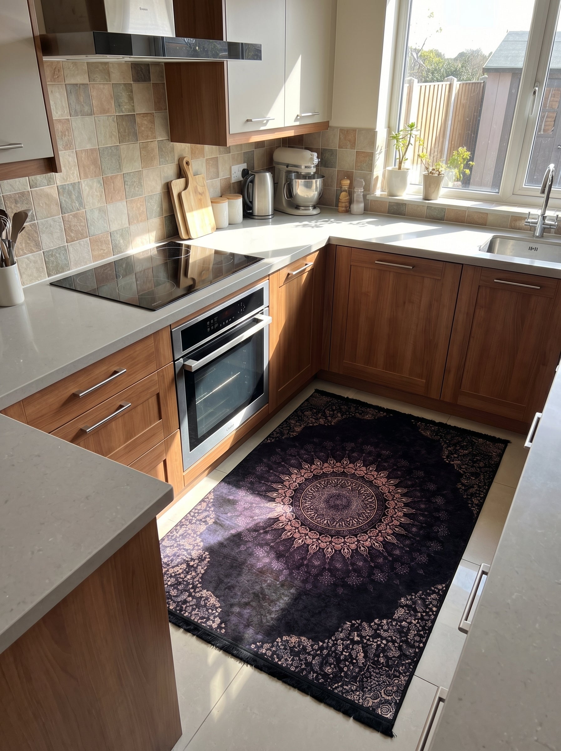 Tapis rectangulaire noir aux reflets violets avec des motifs mandala et floraux rose cuivré et doré, dans une cuisine ensoleillée