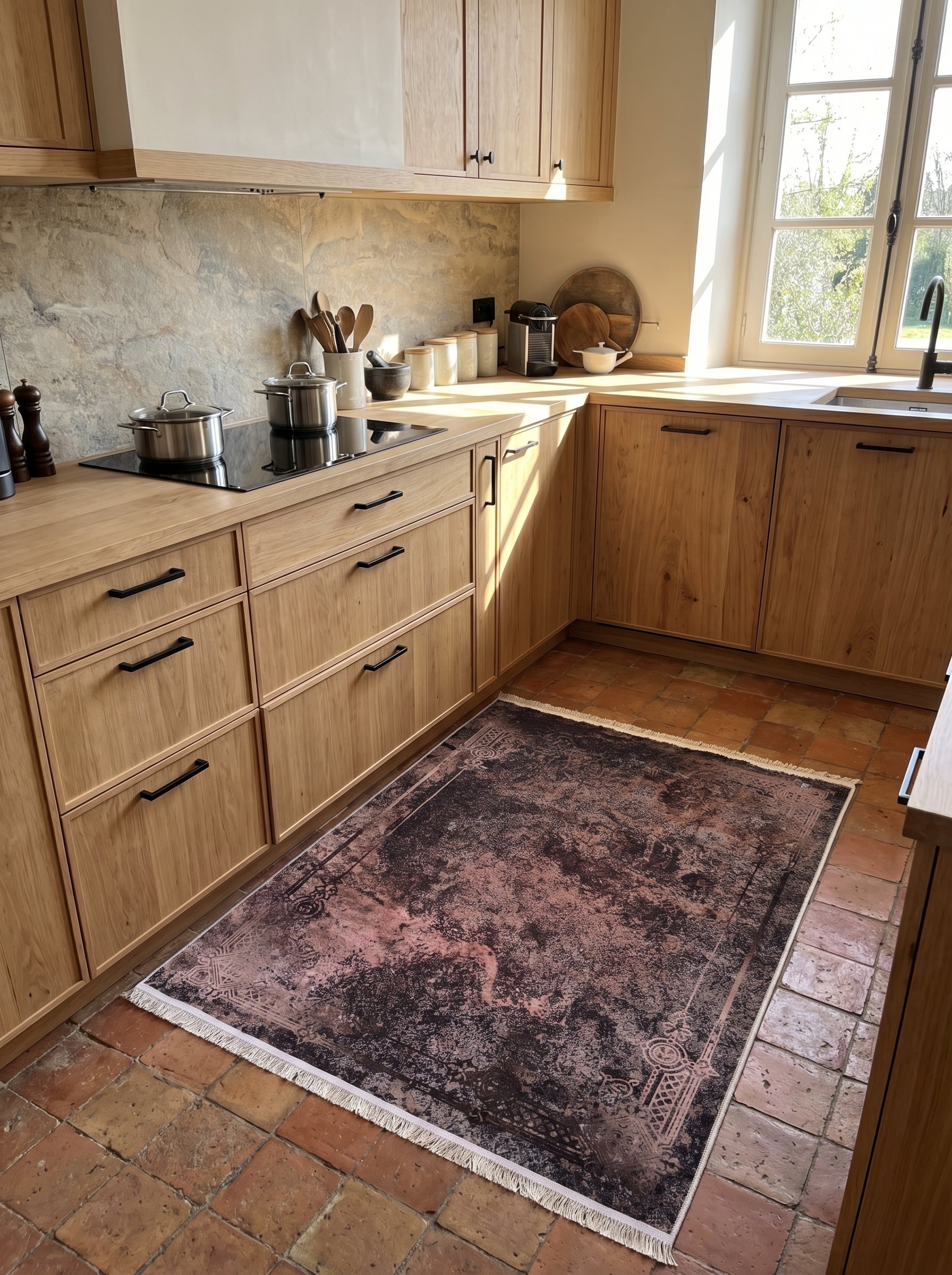 Tapis rectangulaire brun rosé délavé à motifs traditionnels avec franges, sur tomettes dans une cuisine bois clair