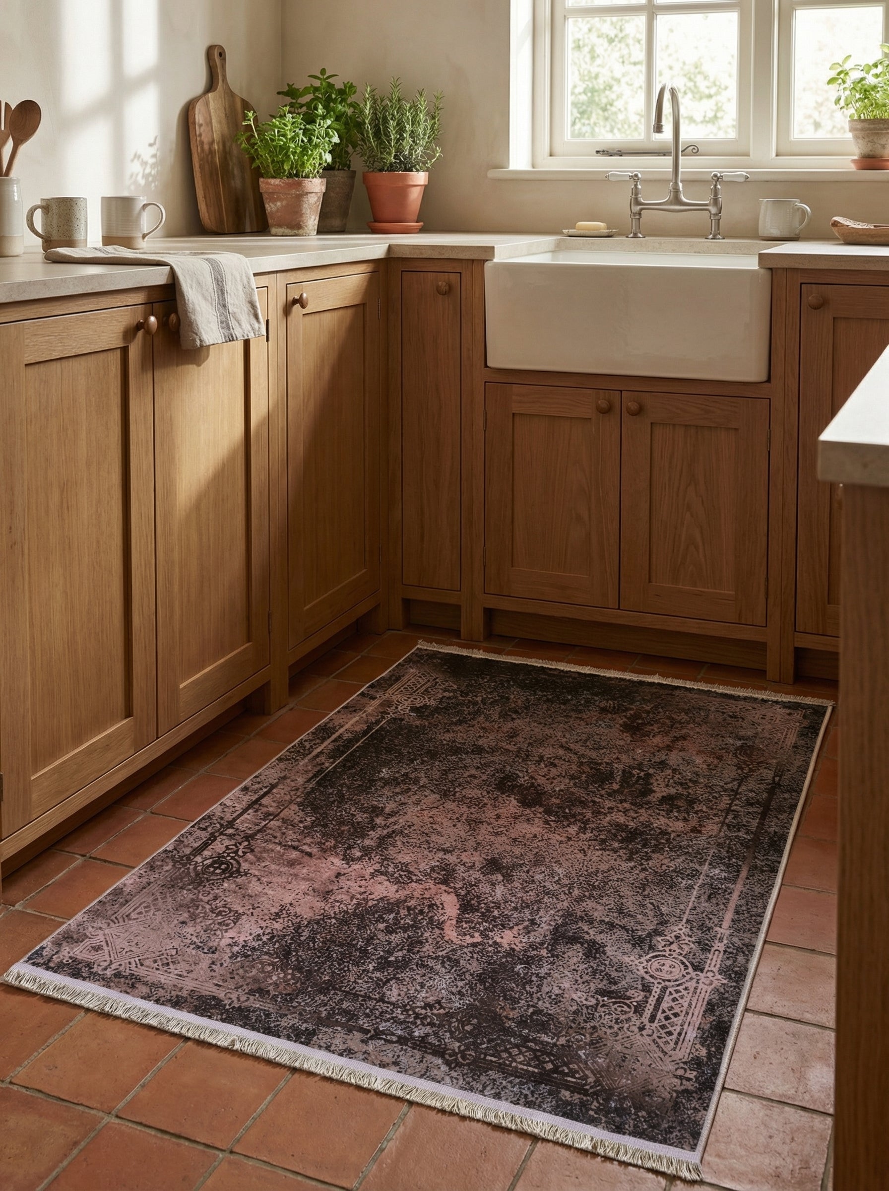 Tapis rectangulaire rose et anthracite aux motifs traditionnels délavés avec franges claires, sur le carrelage terracotta d'une cuisine