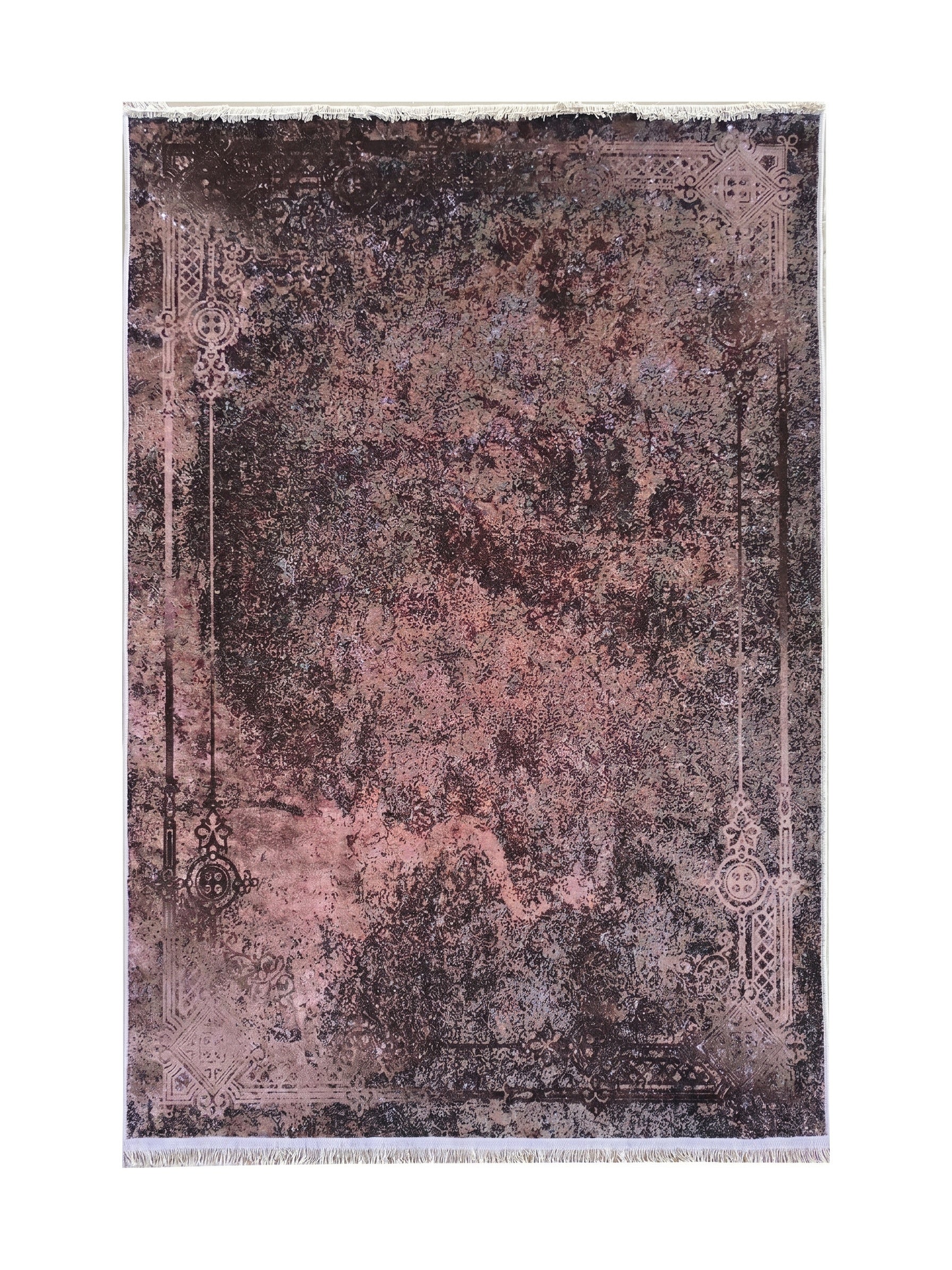 Tapis aux teintes de marron foncé et de rouille avec un motif central abstrait et des bordures ornées de motifs géométriques clairs et franges