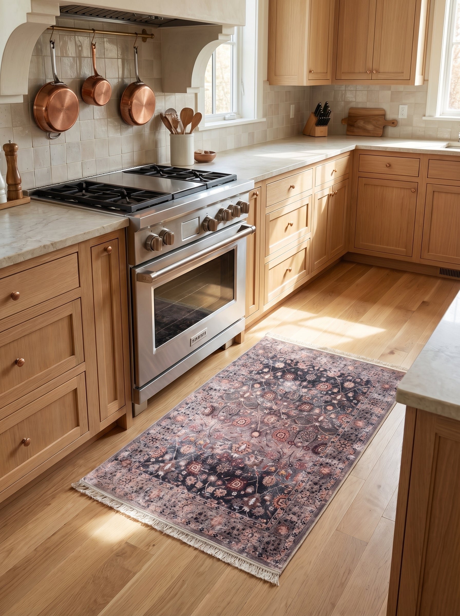 Tapis rectangulaire à motifs floraux et médaillon, rose, gris et anthracite, sur parquet en bois clair d'une cuisine
