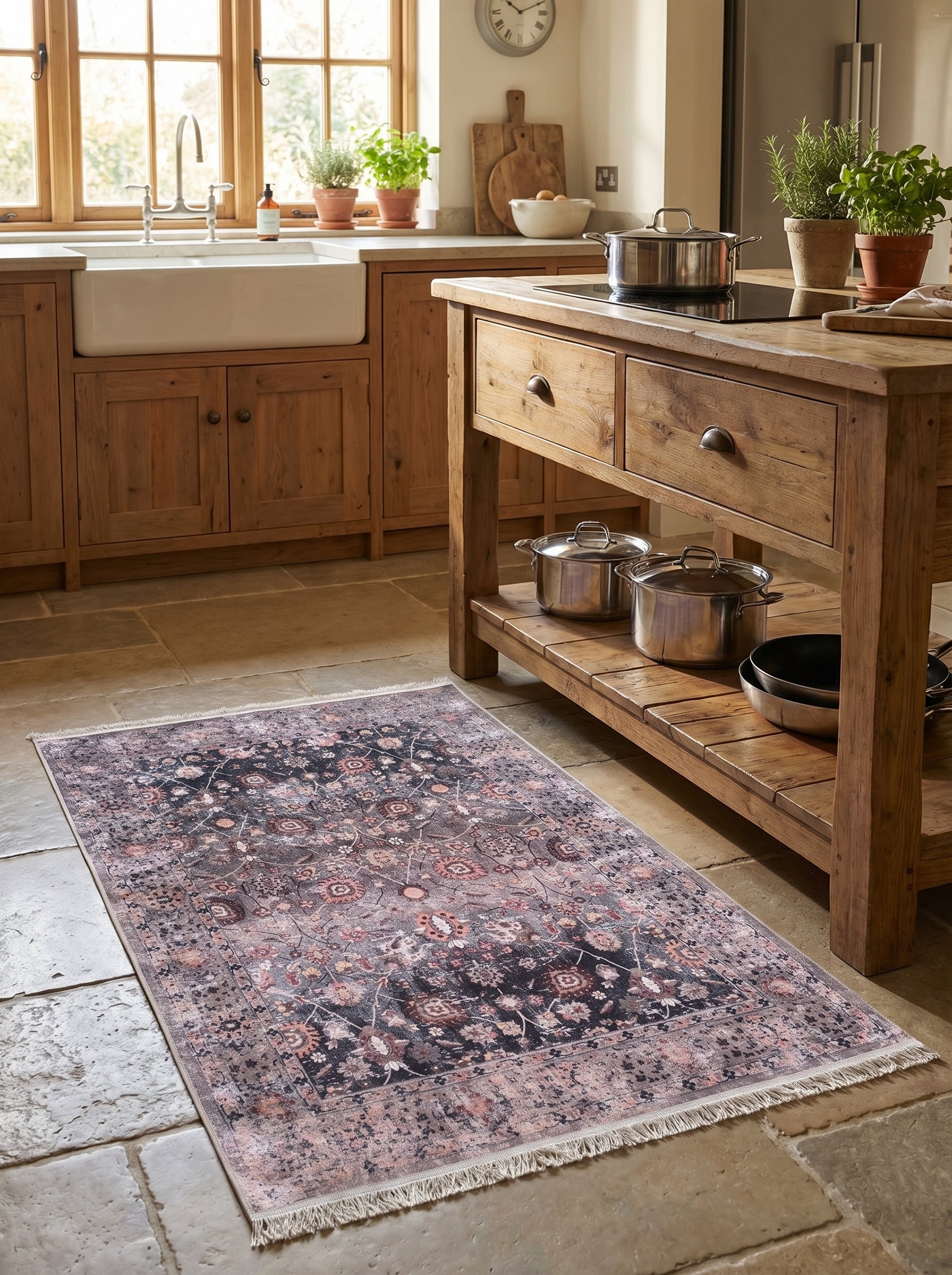 Tapis rectangulaire à motifs floraux traditionnels, aux teintes délavées de noir, rose et gris, posé sur un sol en pierre dans une cuisine