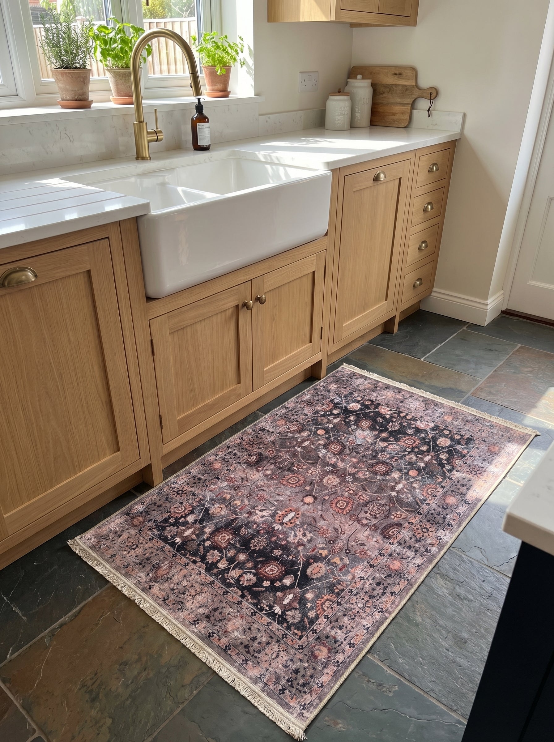 Tapis rectangulaire gris foncé et rose poudré avec motifs floraux classiques délavés, posé sur un sol carrelé dans une cuisine
