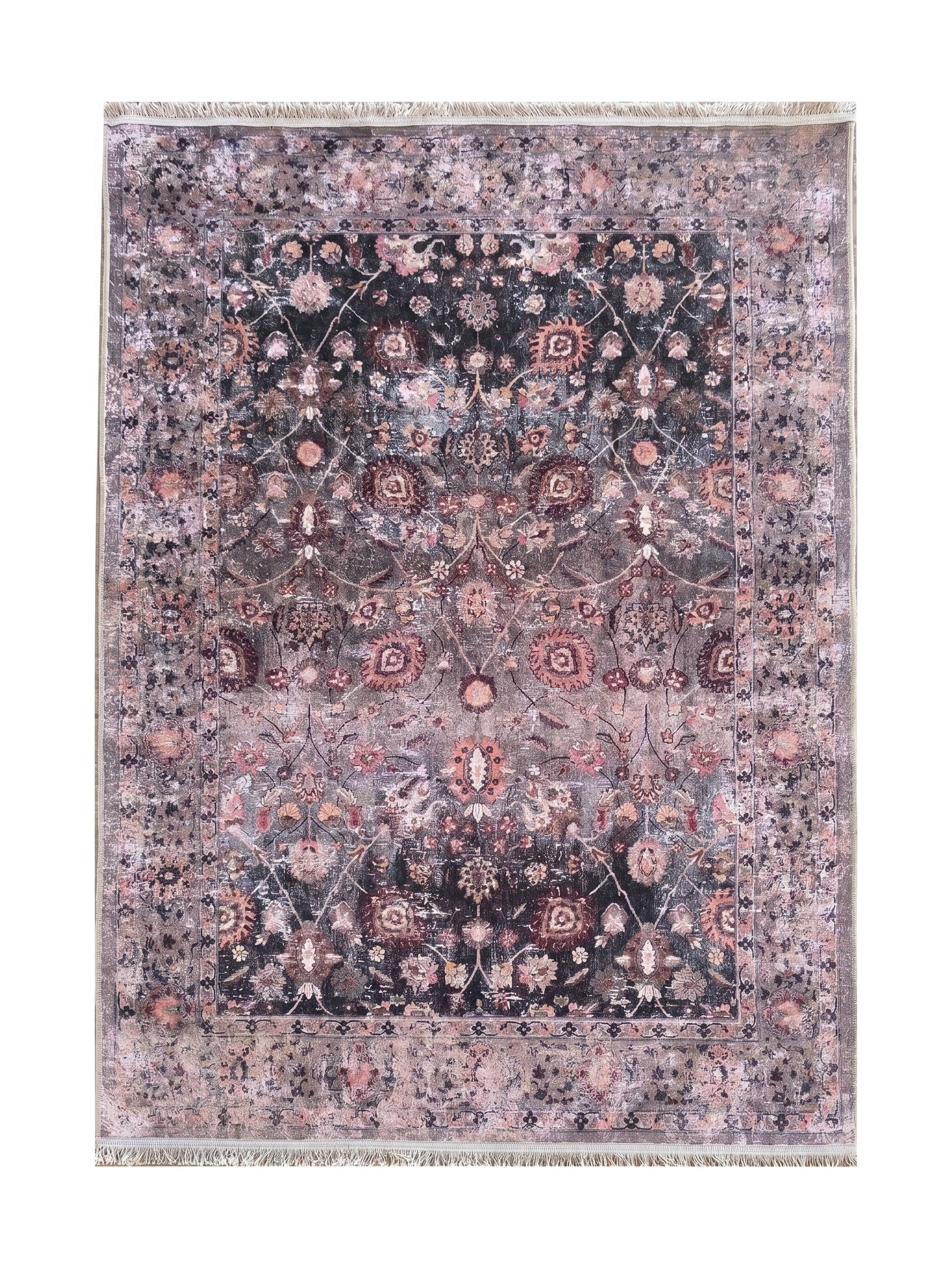 Tapis rectangulaire aux motifs floraux et géométriques délavés dans des tons de gris, rose poudré et noir avec une bordure
