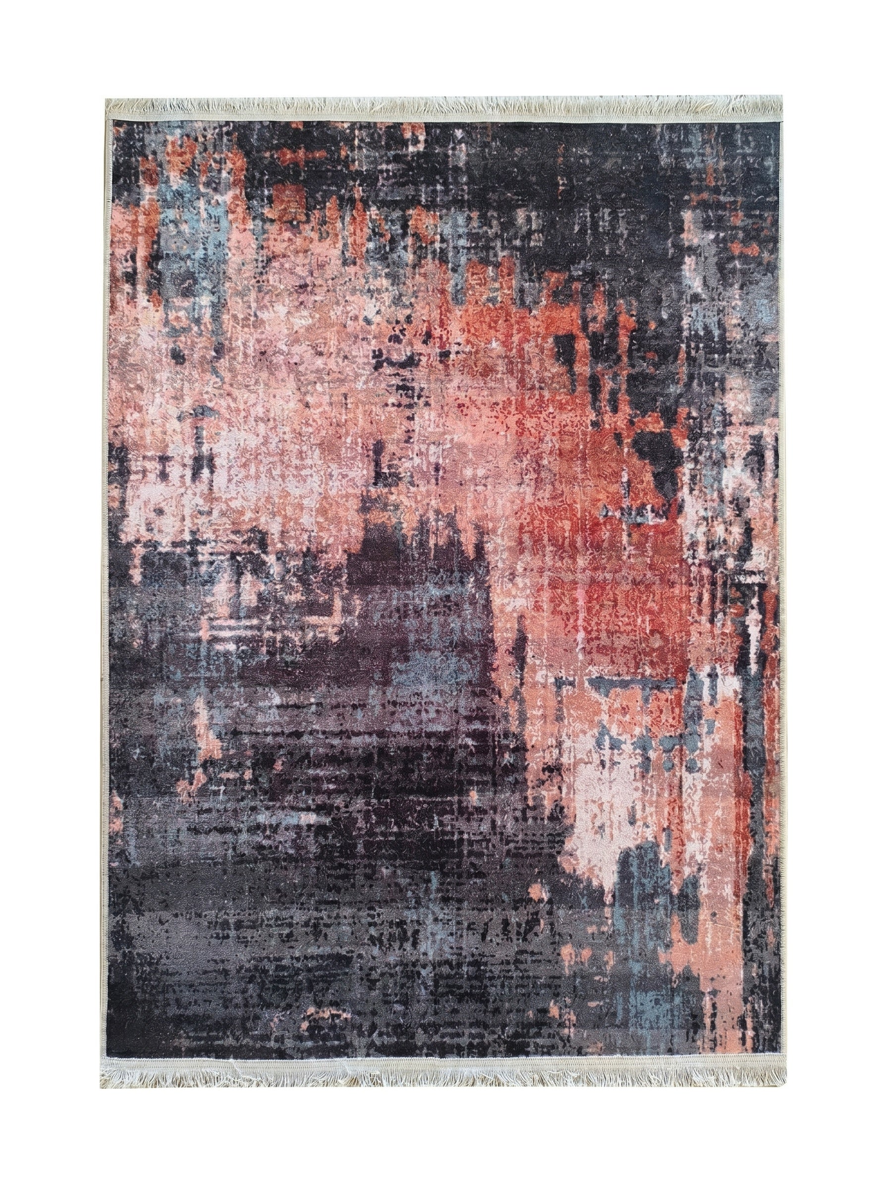 Tapis rectangulaire abstrait aux tons noir, rouge corail, bleu-gris et blanc, avec un effet usé et des franges