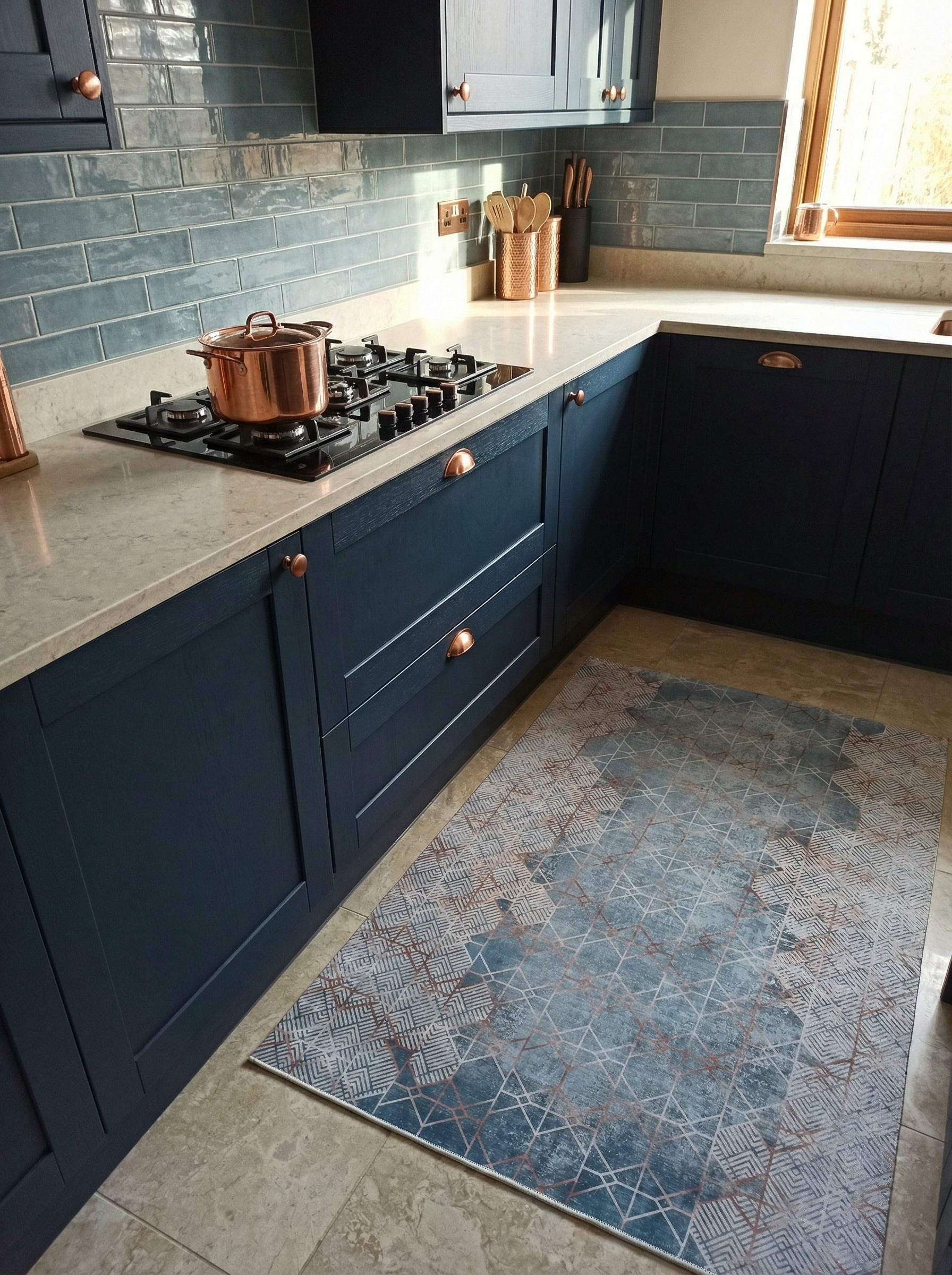 Tapis rectangulaire bleu canard, gris et cuivre, à motifs géométriques abstraits, posé sur le sol carrelé d'une cuisine