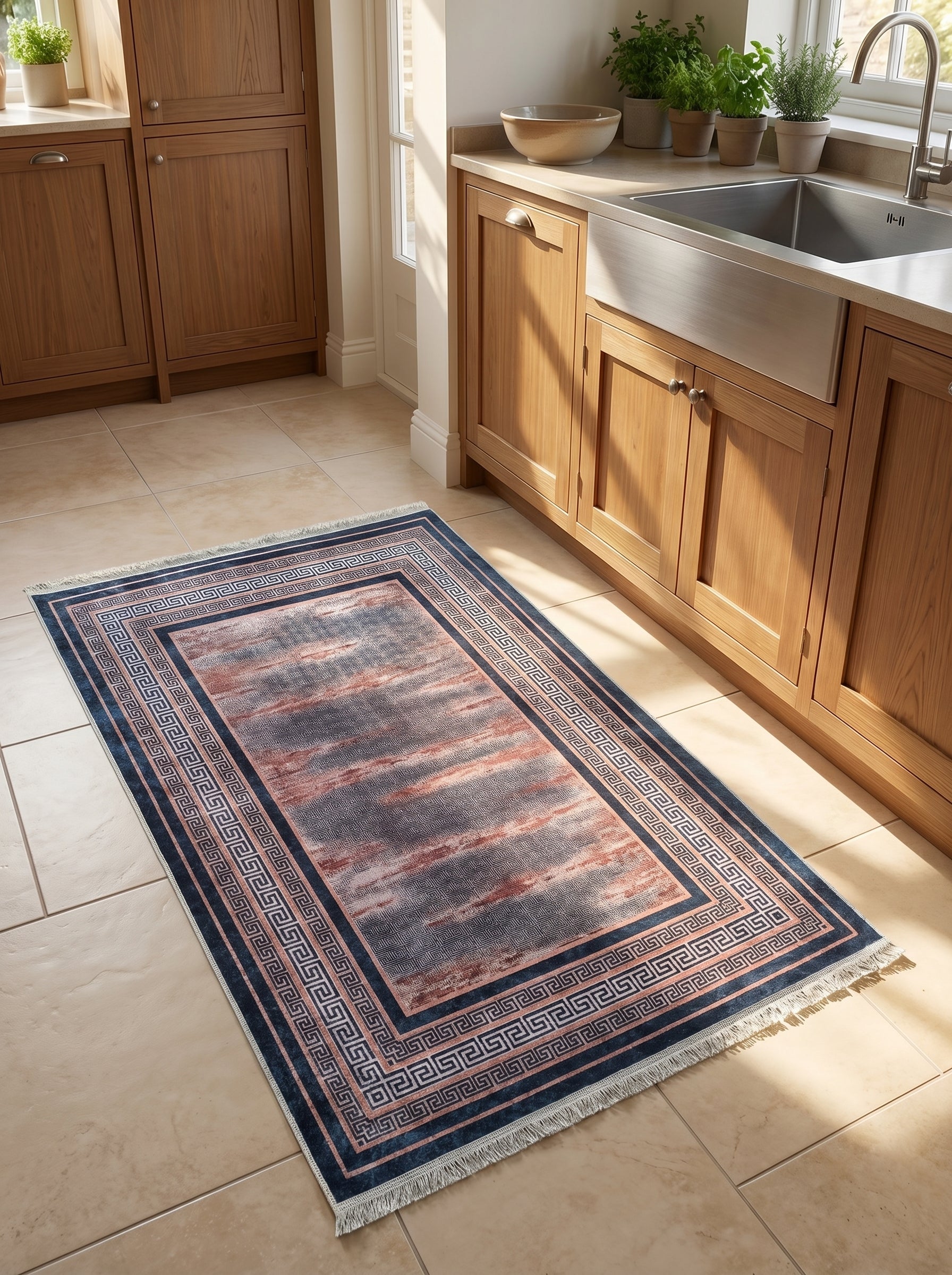 Tapis rectangulaire à motifs grecs bleu marine et orange rouille délavé, avec franges, posé sur un sol carrelé dans une cuisine