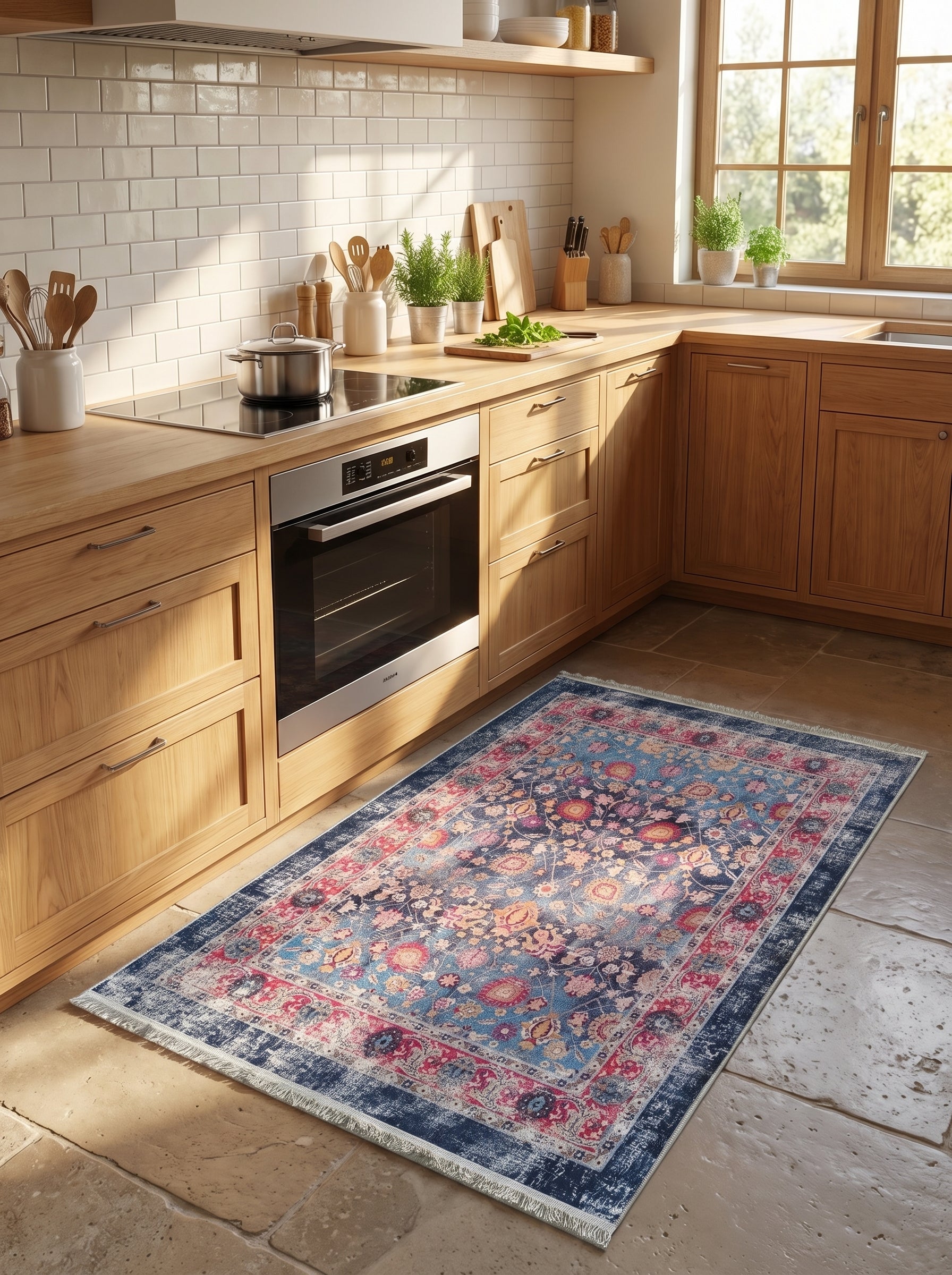 Tapis rectangulaire délavé aux motifs floraux persans bleus, roses et rouges avec franges dans une cuisine