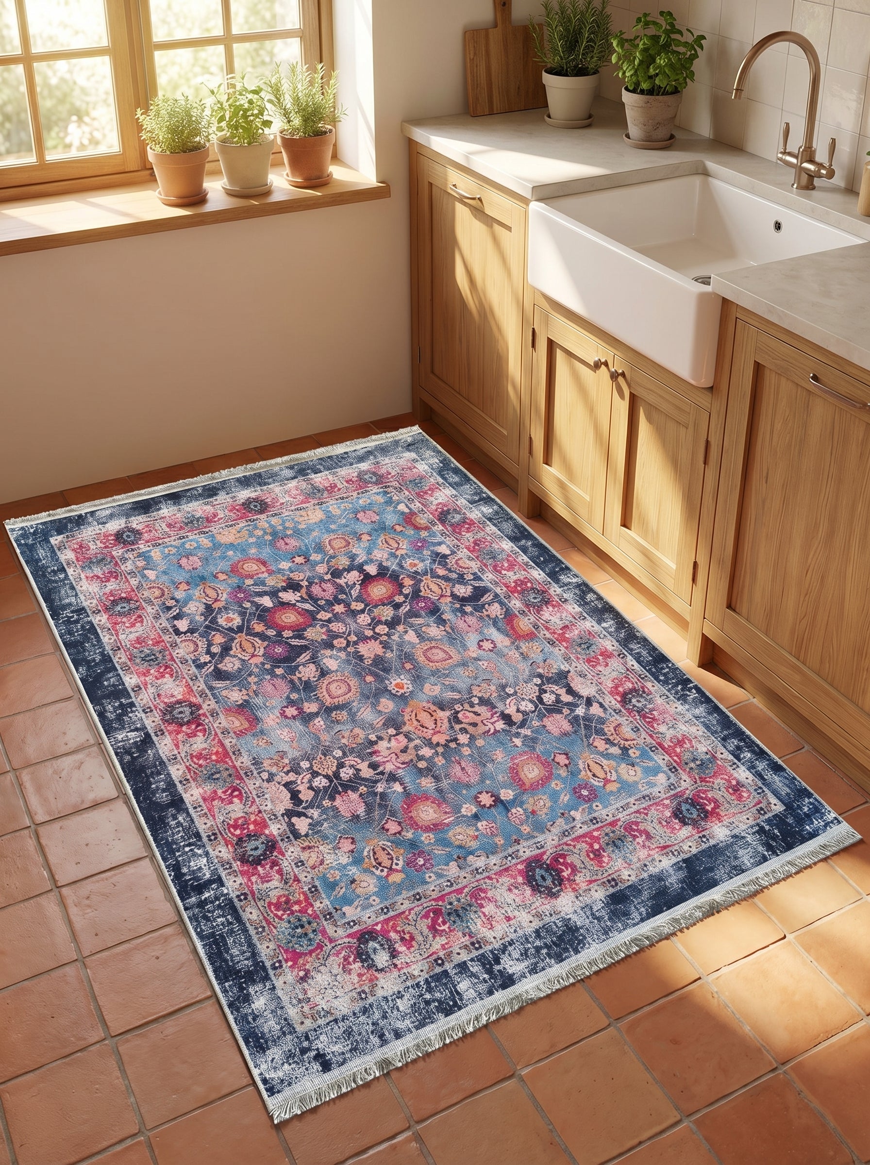Tapis rectangulaire bleu et rose, motifs floraux orientaux avec aspect vieilli et franges, sur carreaux de terre cuite dans une cuisine lumineuse