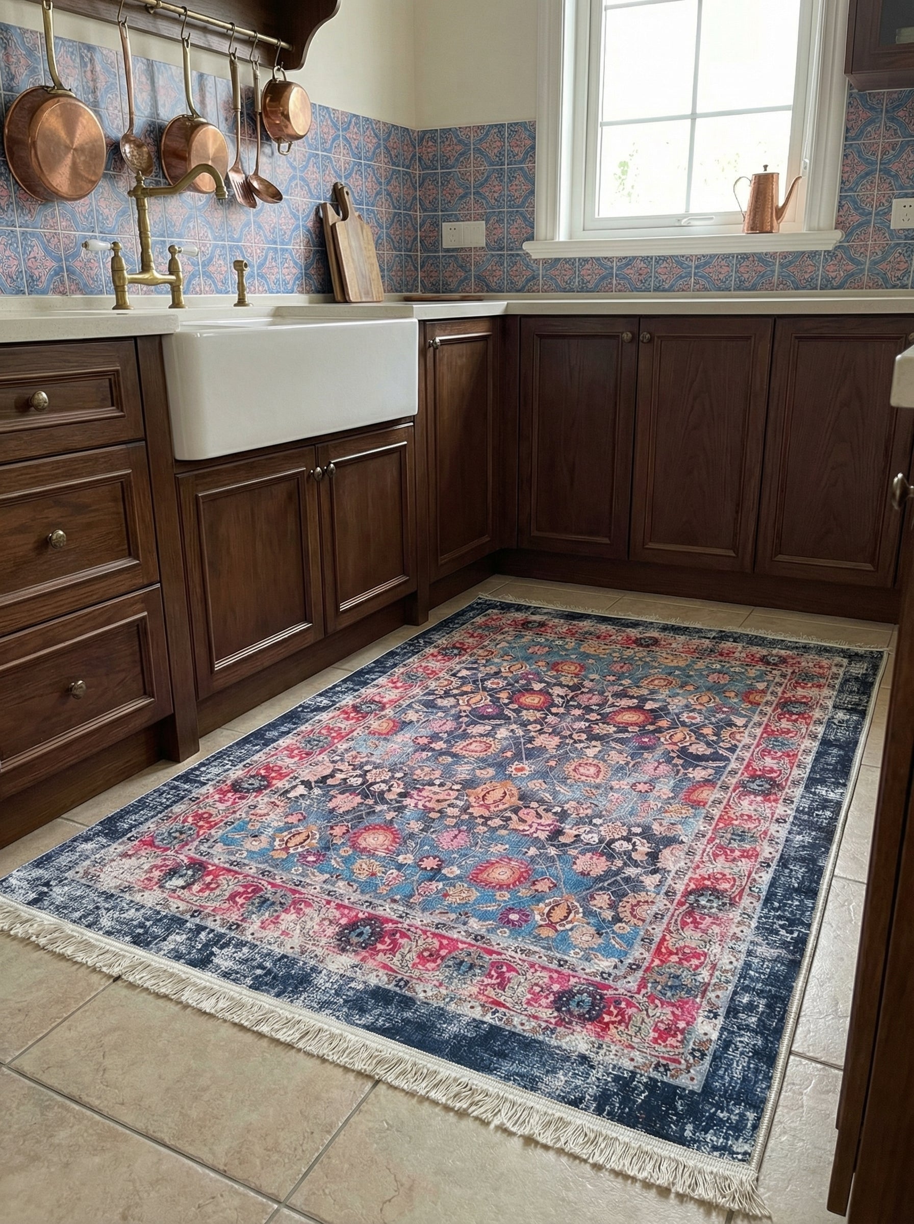 Tapis rectangulaire floral aux teintes de rose, bleu et ocre sur fond marine vieilli, avec franges, dans une cuisine