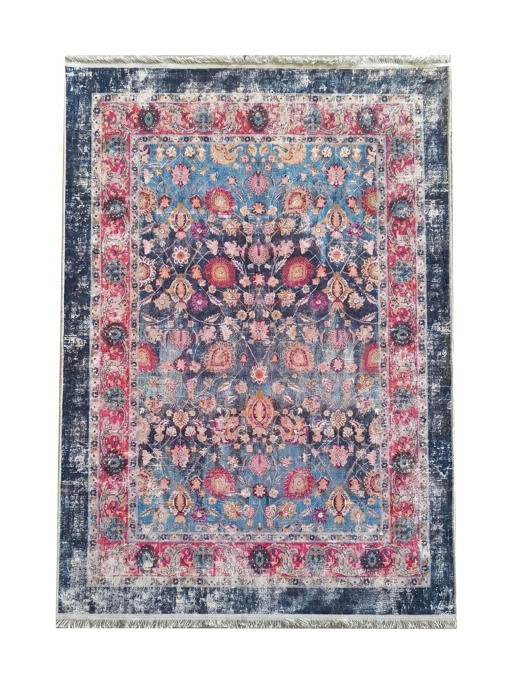 Tapis rectangulaire à motifs floraux et médaillons bleus, roses, et rouges avec un effet vieilli et des franges