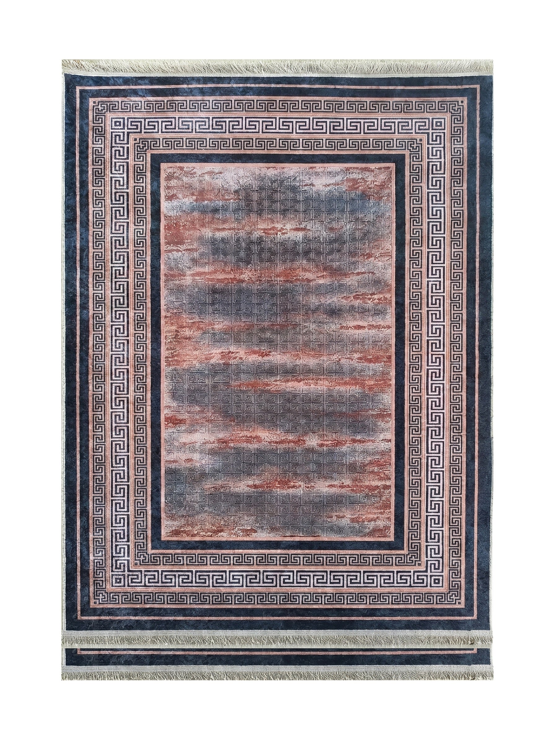Tapis rectangulaire à bordure bleu foncé avec motif de méandre blanc, et centre abstrait gris et terracotta. Franges claires