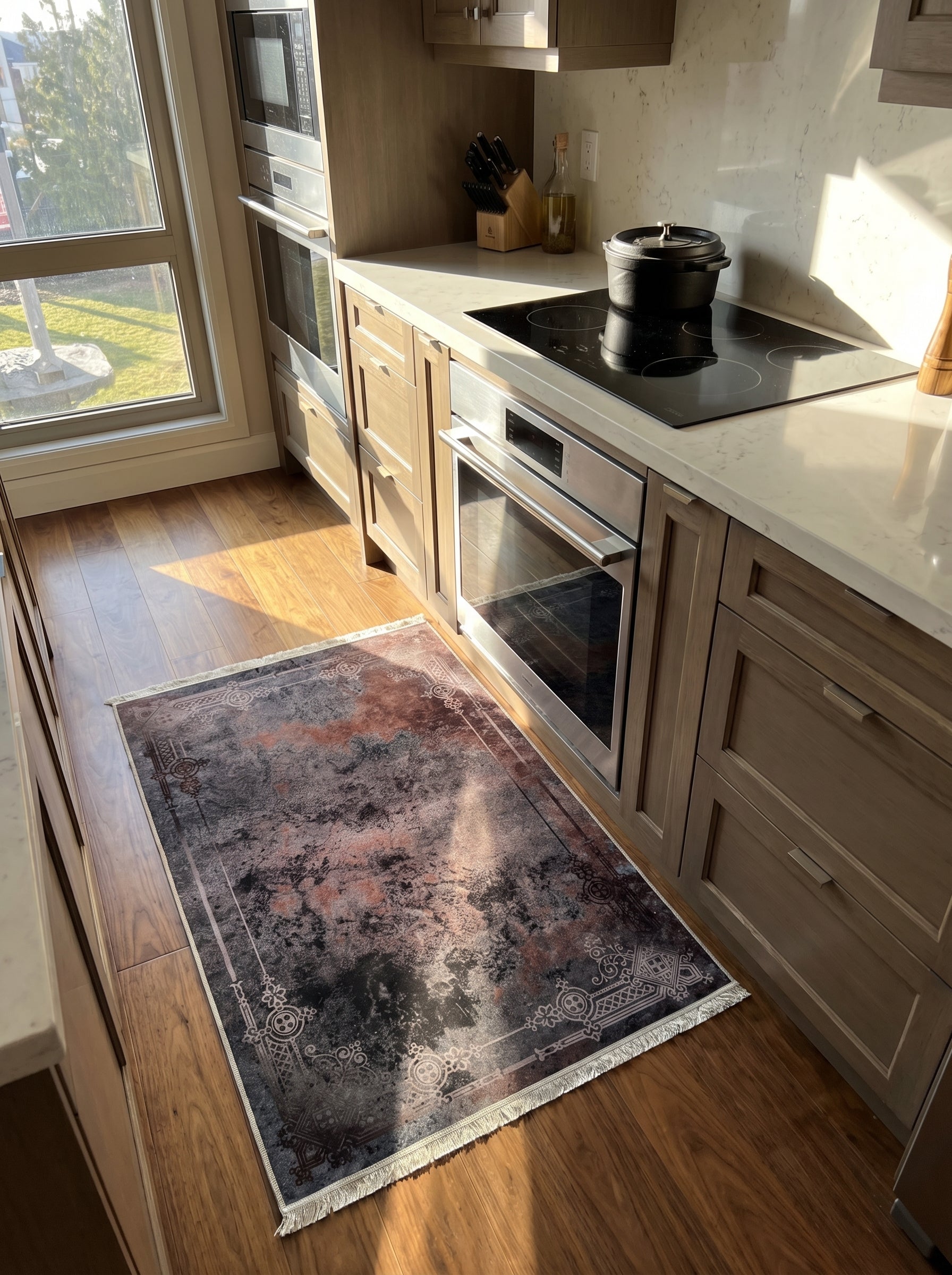 Tapis rectangulaire d'aspect vieilli gris foncé et rouille, motifs orientaux, franges claires, sur sol bois en cuisine