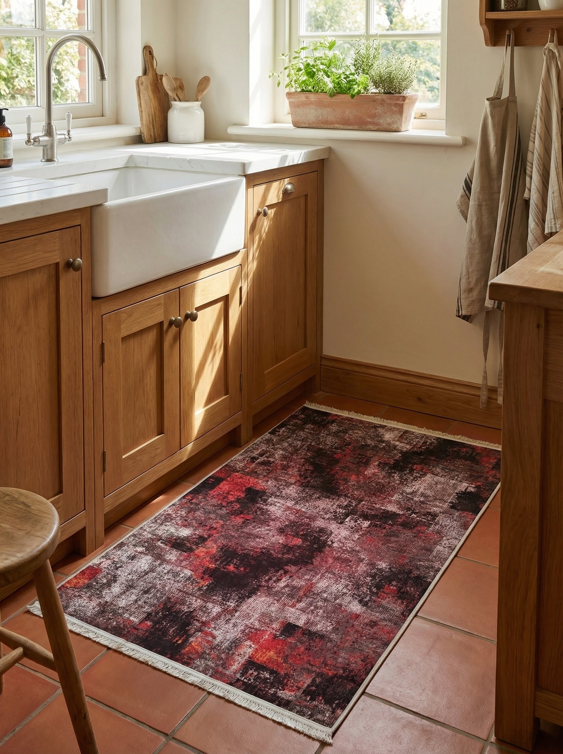 Tapis rectangulaire aux motifs abstraits rouges, noirs et gris clair, bordé de franges, sur le carrelage terracotta d'une cuisine