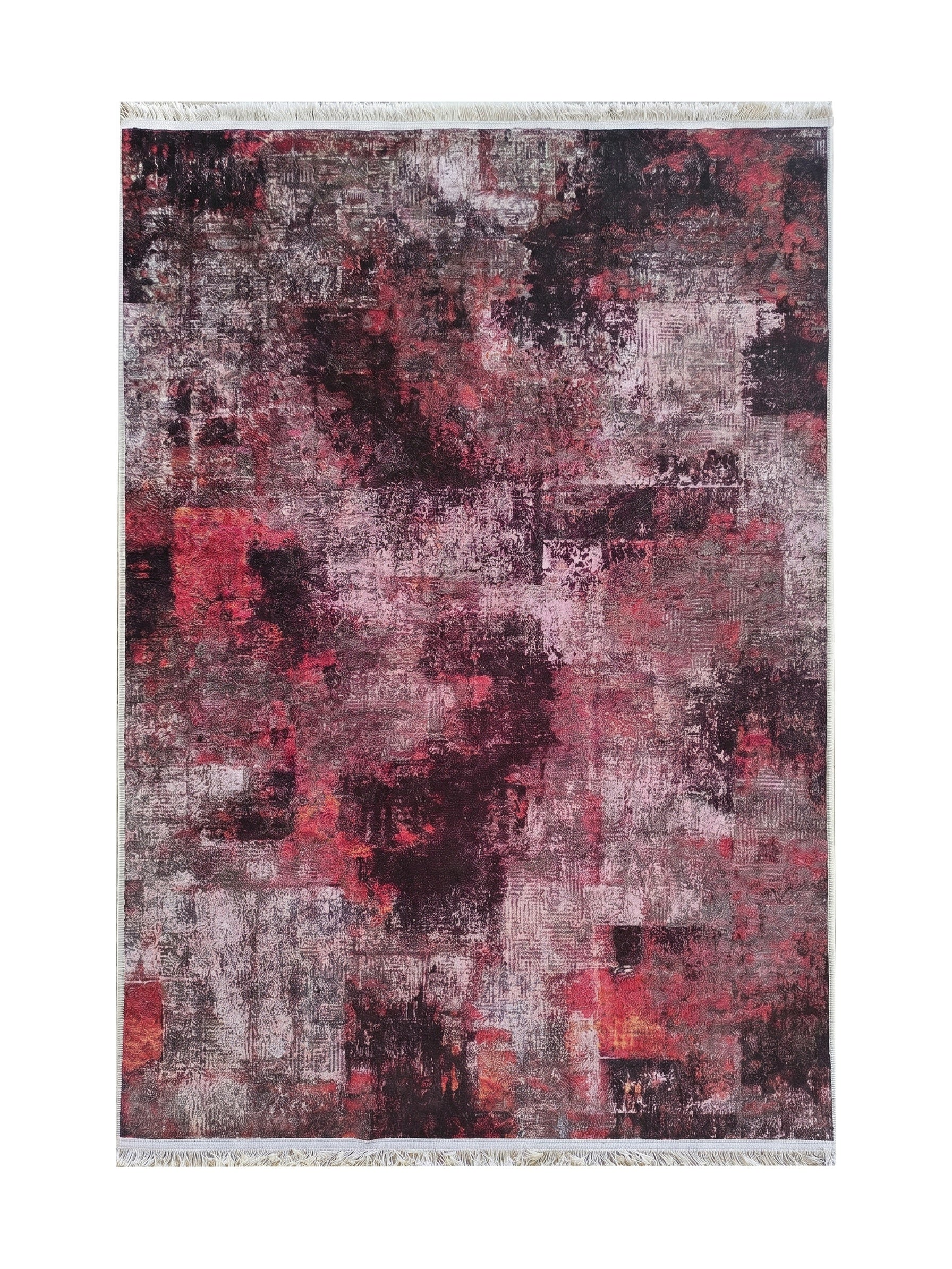 Tapis rectangulaire à poils courts, motifs abstraits rouges, noirs et gris avec un effet vieilli