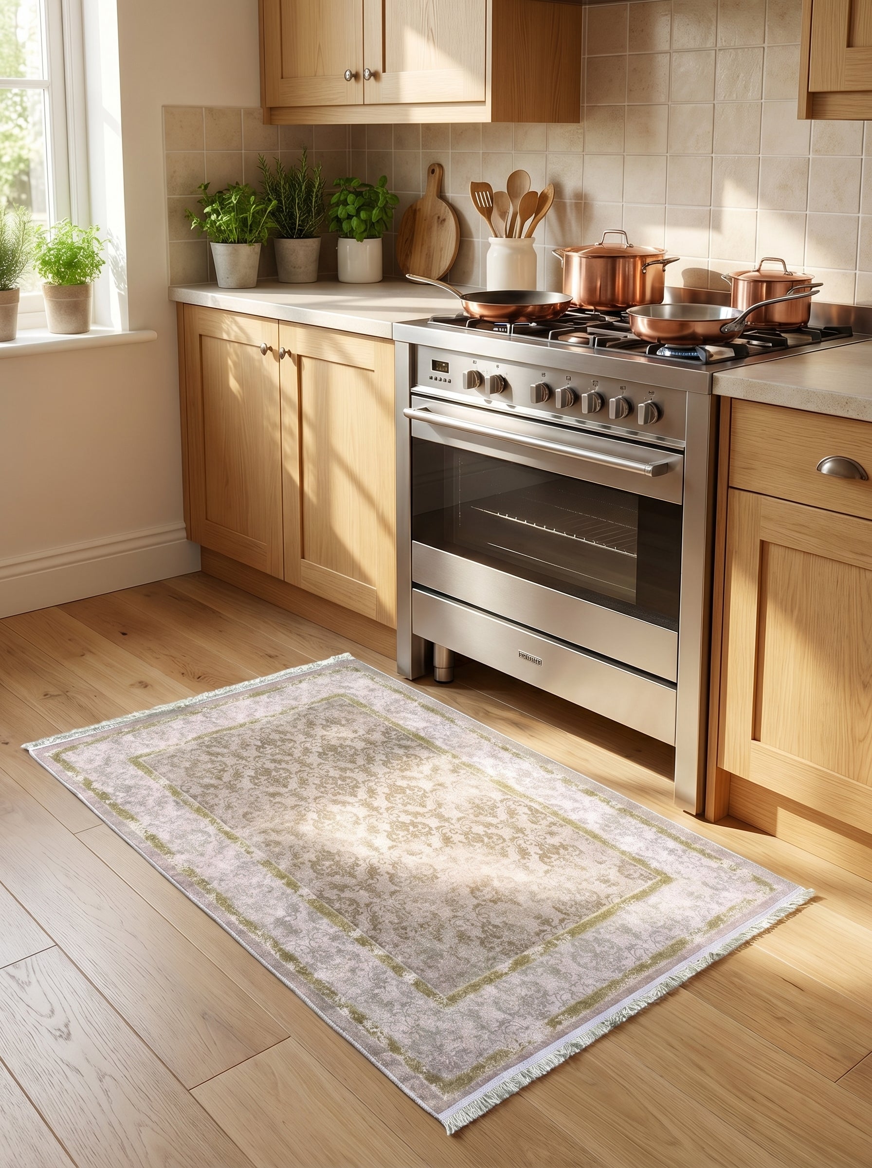 Tapis rectangulaire beige aux motifs floraux gris-vert et bordures olive, avec franges claires, posé sur un parquet dans une cuisine moderne