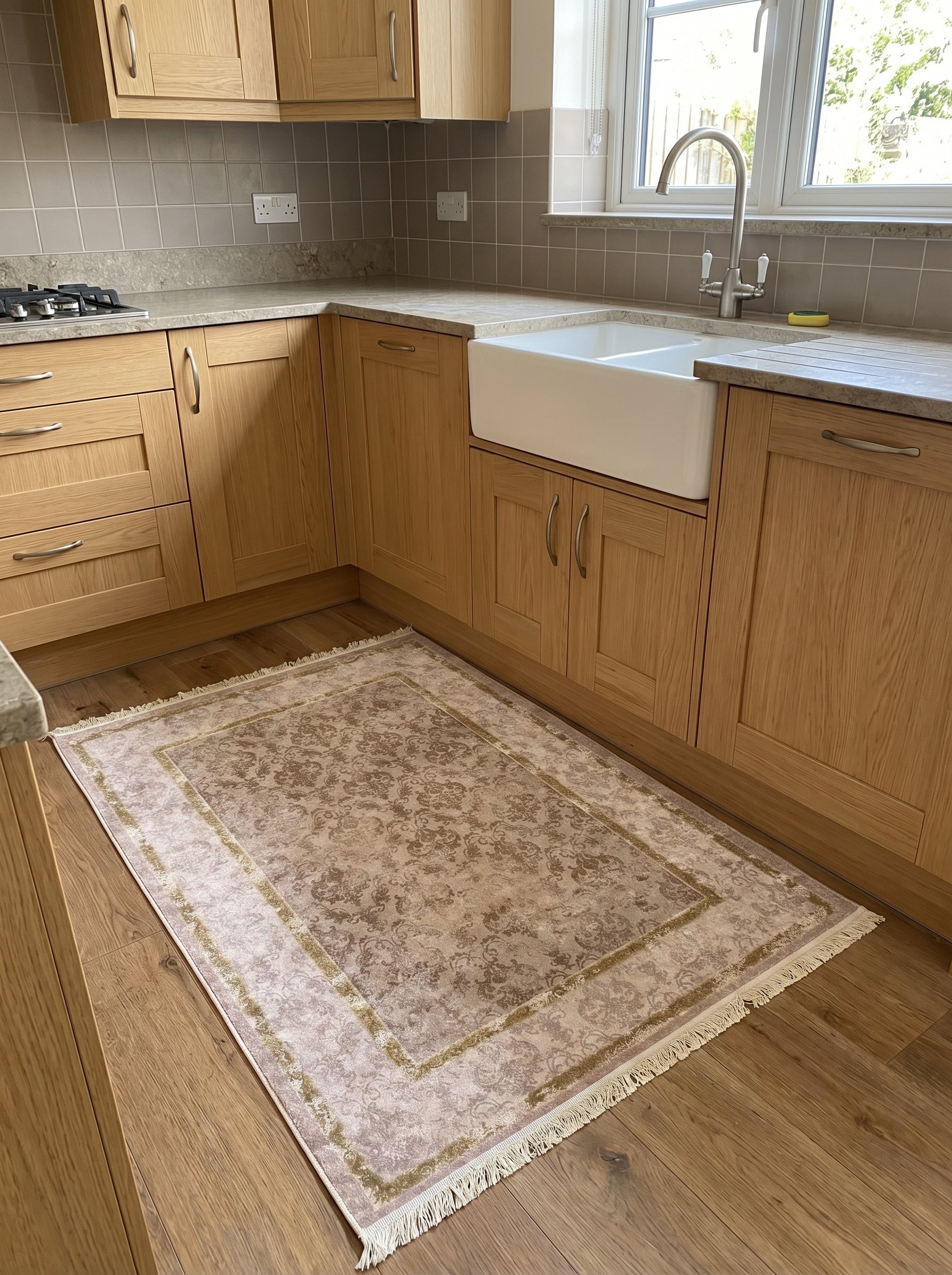 Tapis rectangulaire beige rosé aux motifs floraux bruns et bordure dorée avec franges, posé sur le parquet d'une cuisine