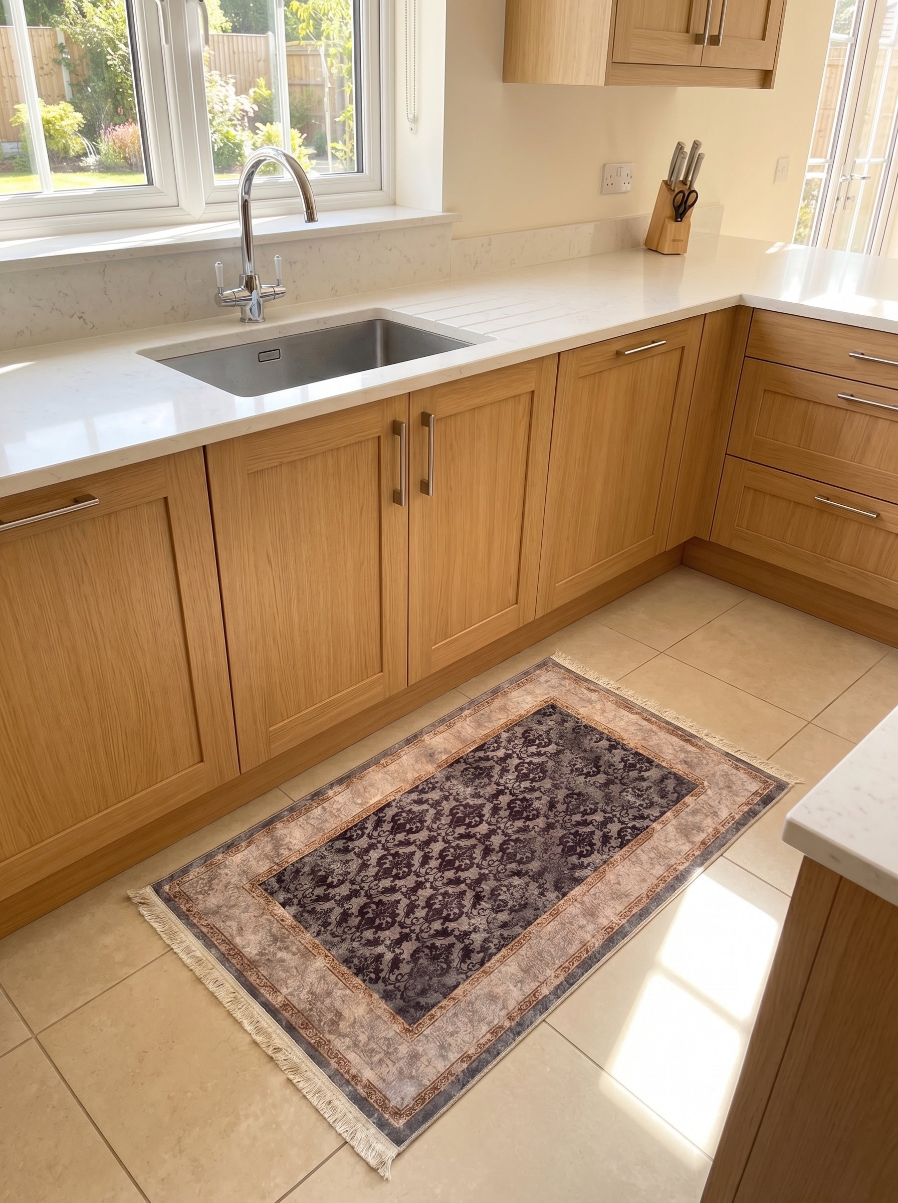 Tapis rectangulaire à motifs classiques gris-violet et aubergine, avec une bordure beige clair et des franges, sur le carrelage d'une cuisine