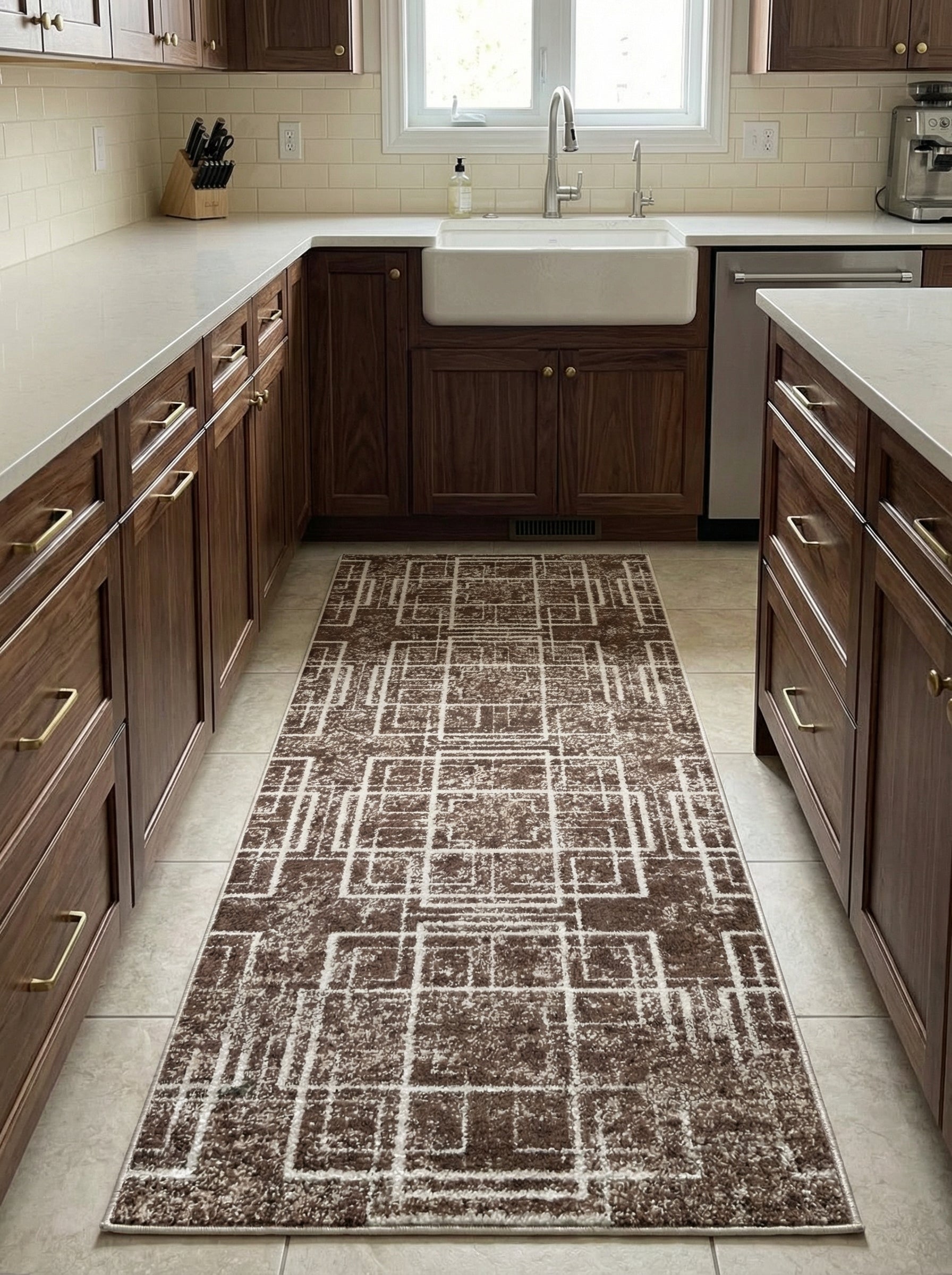 Tapis coureur brun et blanc cassé avec motifs géométriques abstraits et un effet usé, sur le carrelage d'une cuisine
