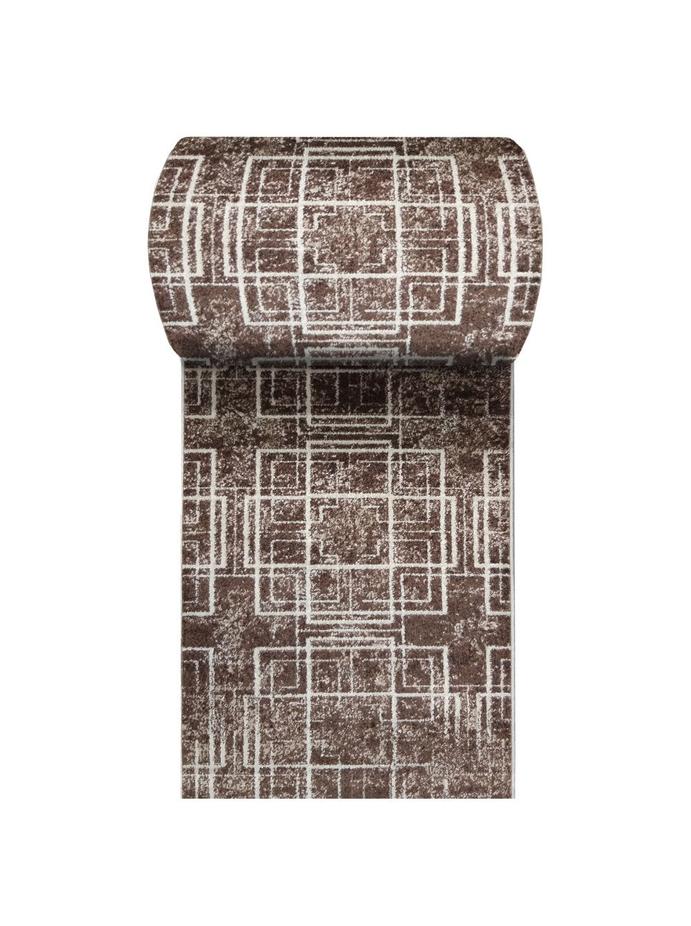 Tapis enroulé brun moucheté orné d'un motif géométrique de lignes claires formant des carrés et rectangles superposés