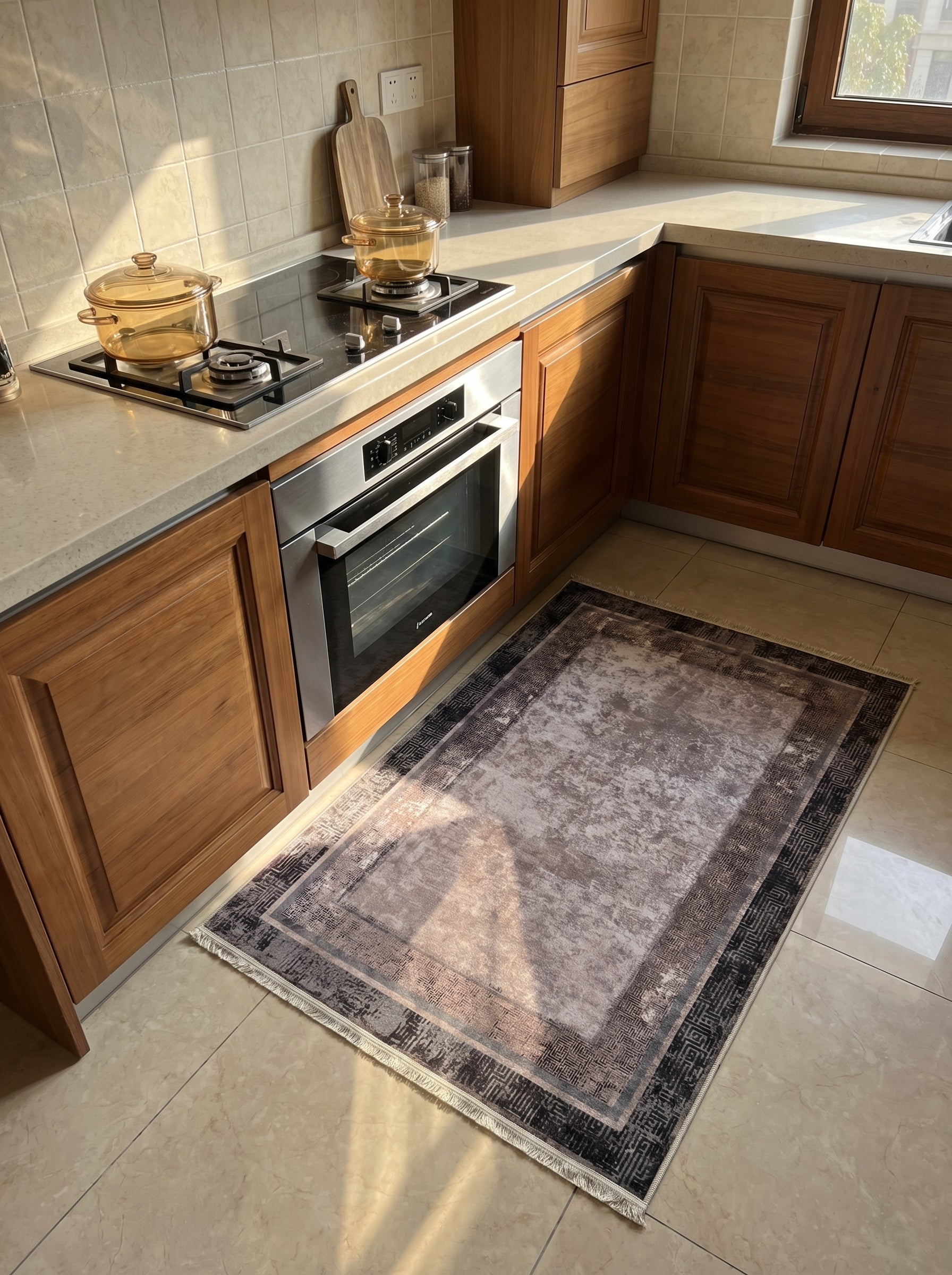 Tapis rectangulaire à motifs abstraits délavés gris-taupe et bordures géométriques sombres, sur le sol carrelé d'une cuisine