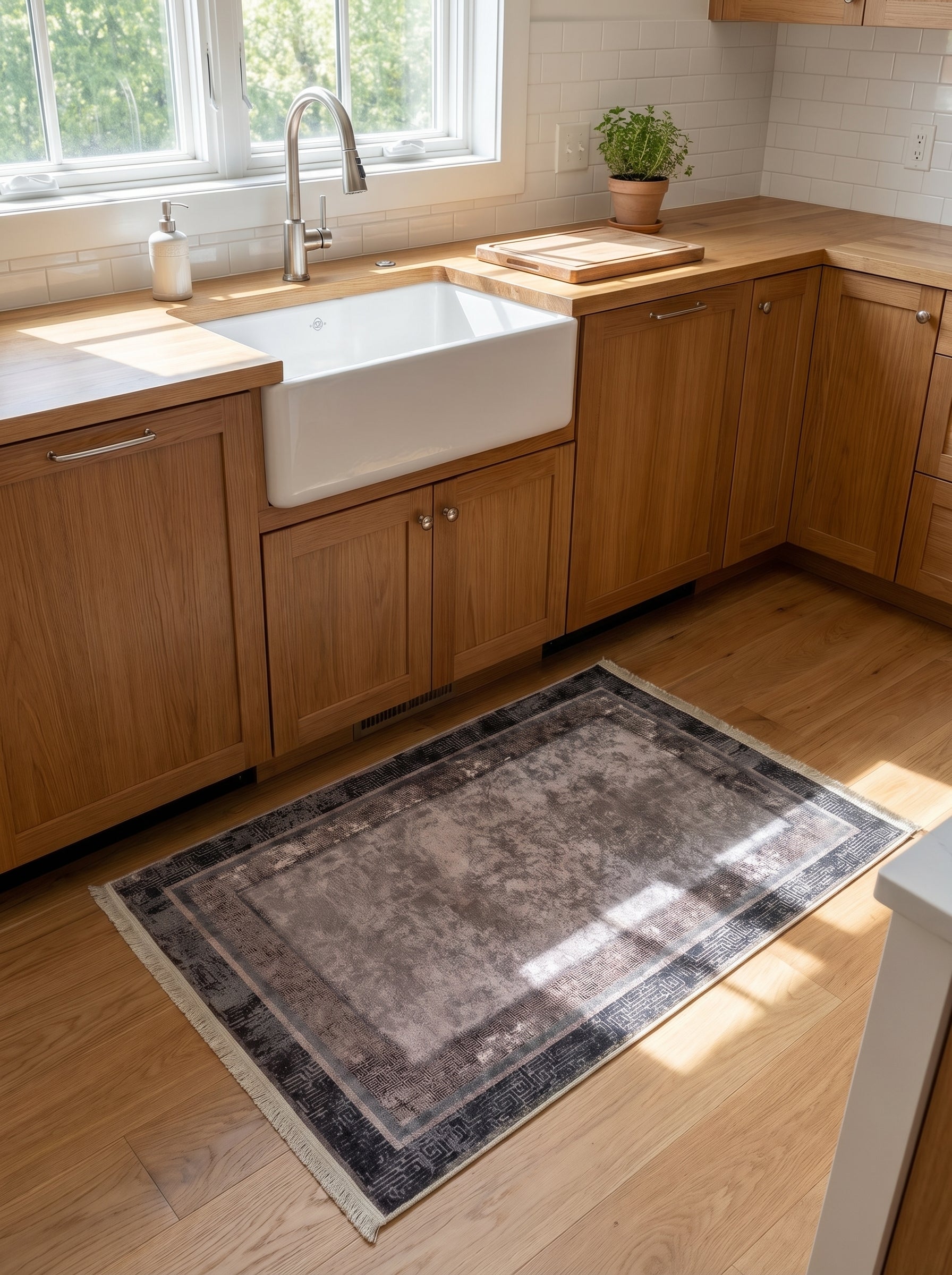 Tapis rectangulaire à motifs abstraits gris clair et marron avec bordures géométriques sombres et franges, posé sur un parquet dans une cuisine