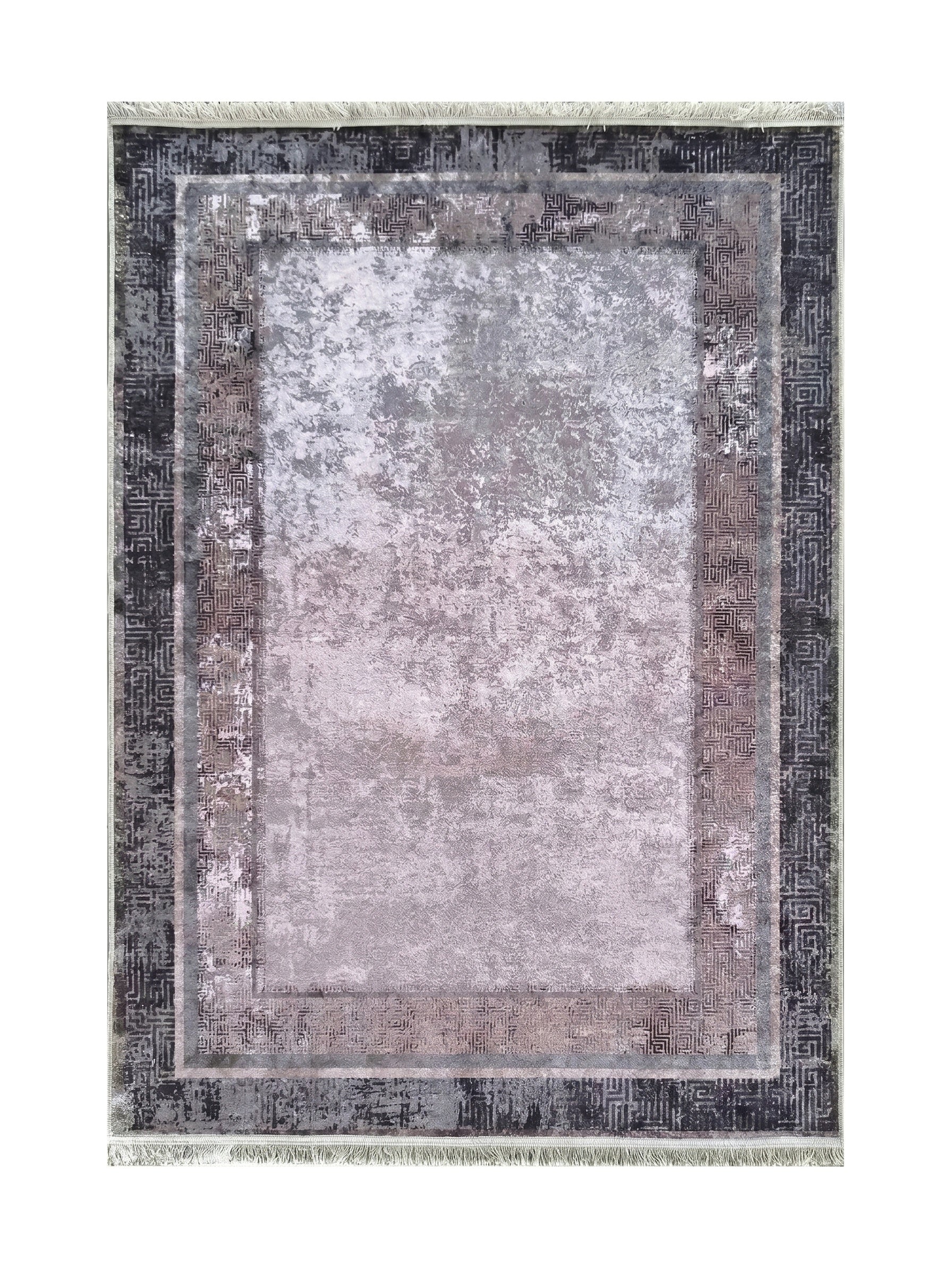 Tapis rectangulaire gris et rose poudré, au motif abstrait central et bordures géométriques foncées, avec franges