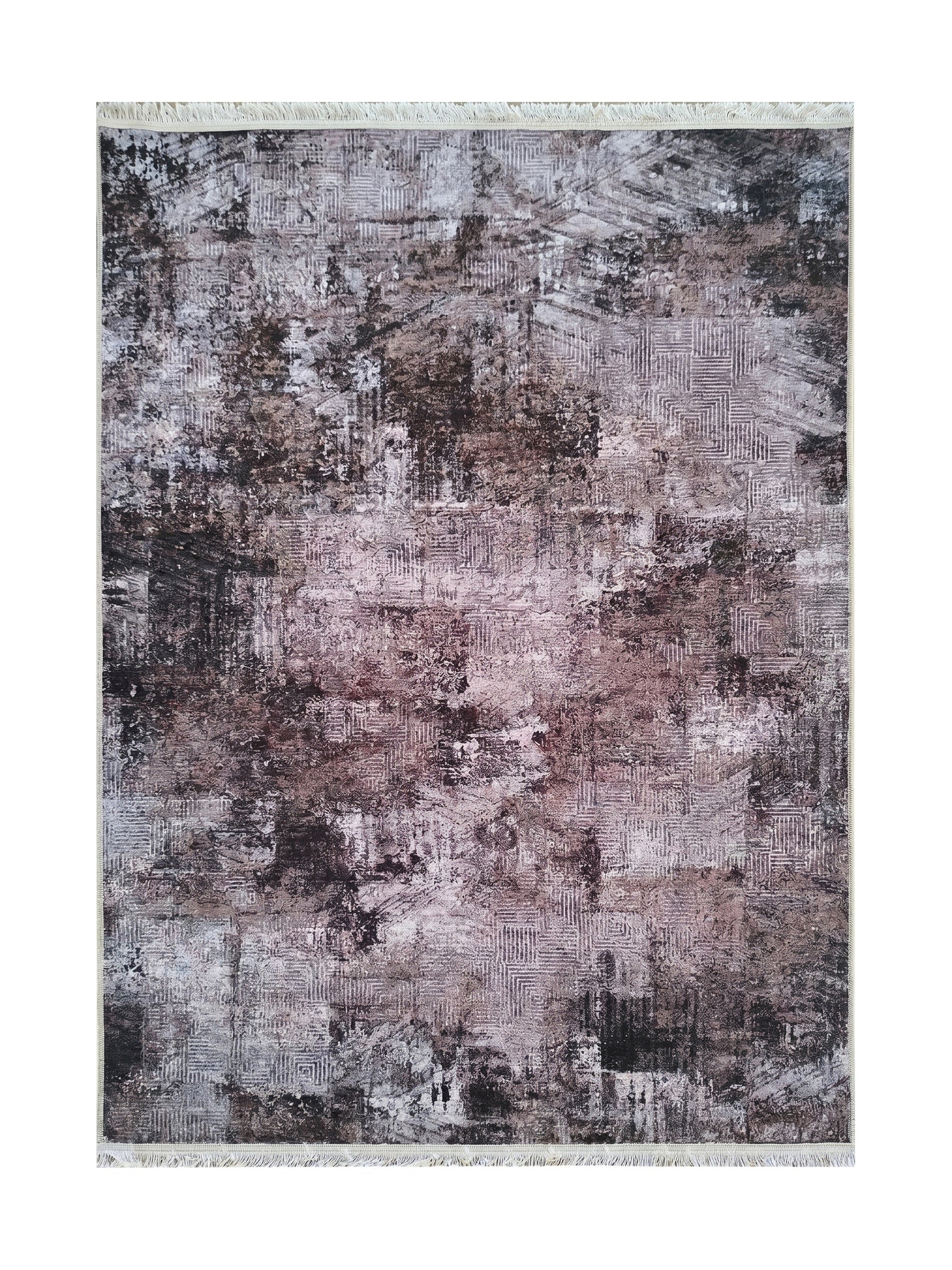 Tapis rectangulaire à motifs abstraits et géométriques délavés dans des nuances de marron rosé, gris et blanc, avec des franges