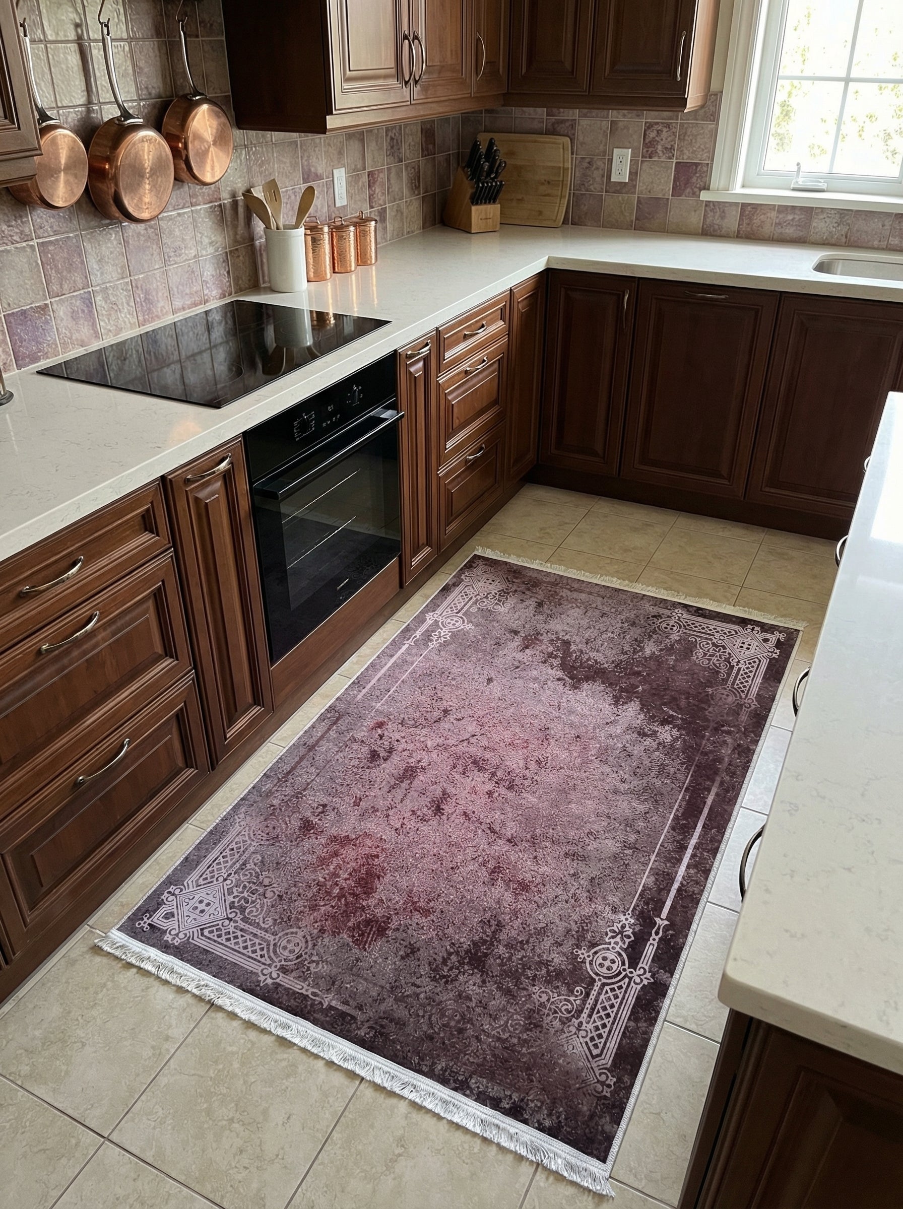 Tapis de couloir bordeaux et gris à motifs classiques en bordure et effet vieilli au centre dans une cuisine