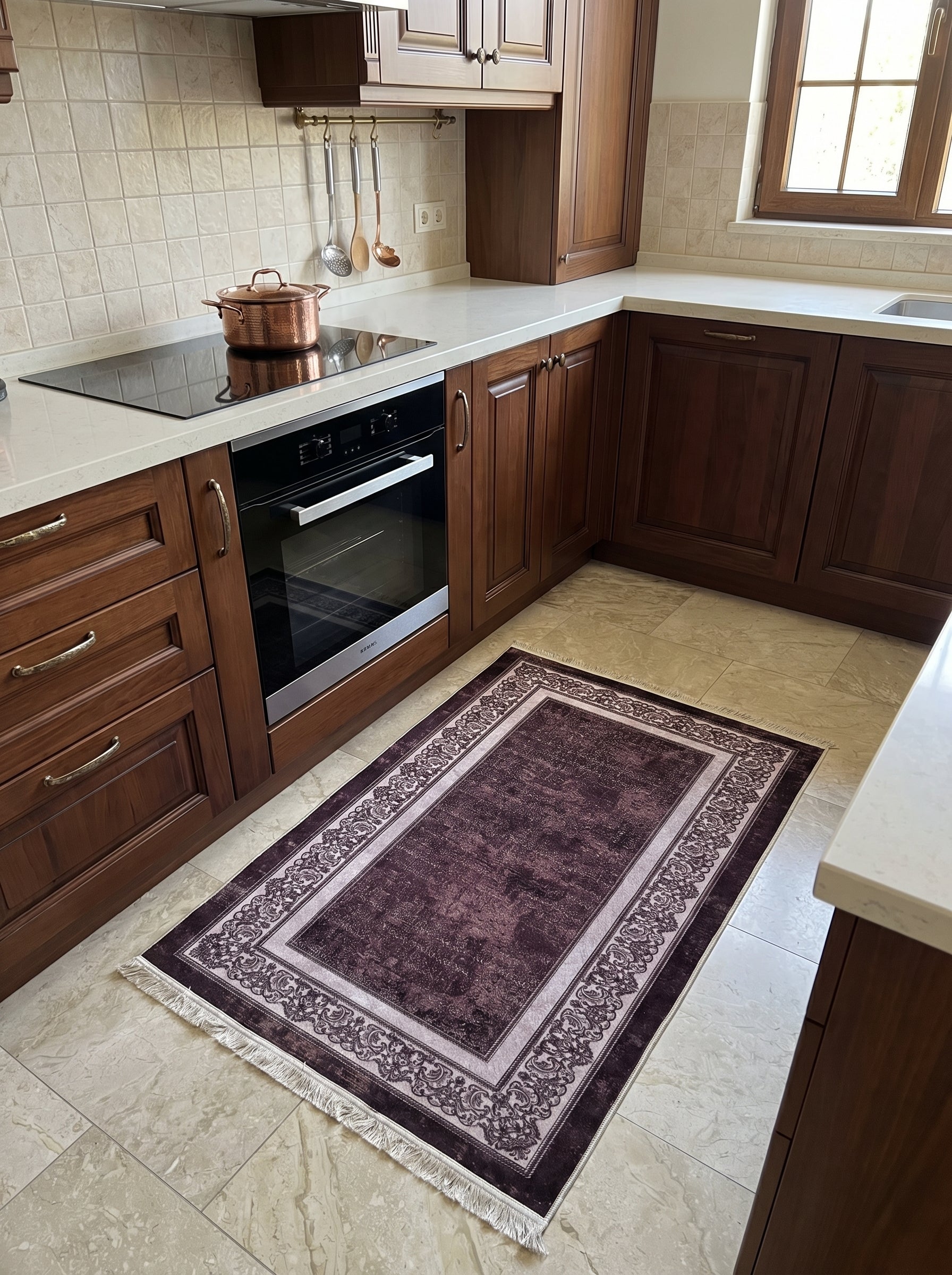 Tapis rectangulaire couleur prune vieillie, encadré de bordures claires à motifs végétaux complexes, dans une cuisine aux meubles foncés